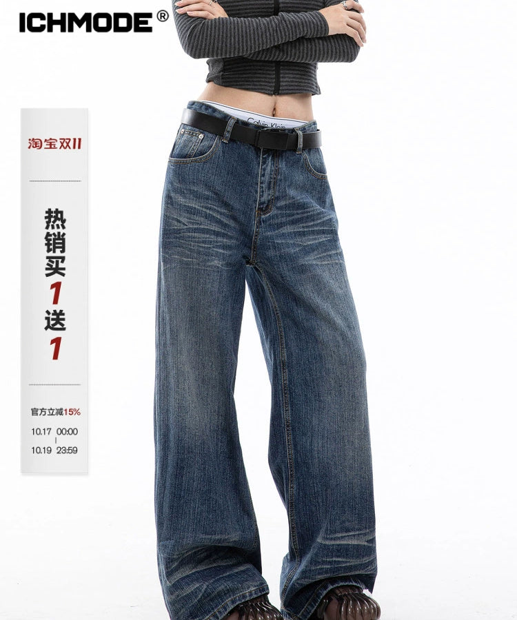 ICH MODE 美式复古水洗蓝牛仔裤女秋冬宽松直筒裤百搭休闲阔腿裤