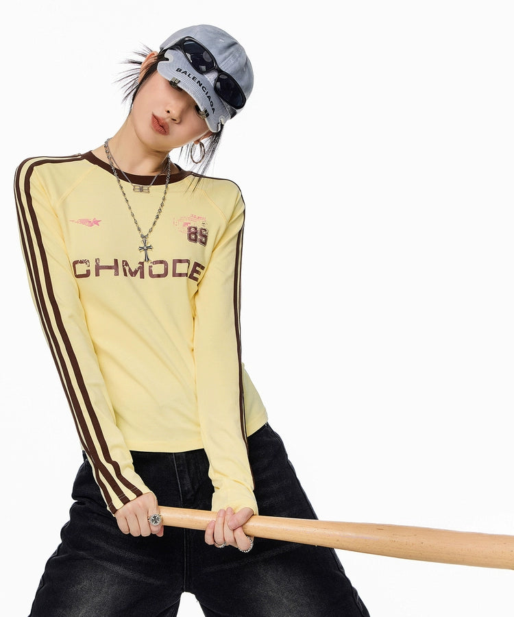 ICH MODE 美式复古正肩长袖T恤女秋冬新款修身运动正肩上衣打底衫