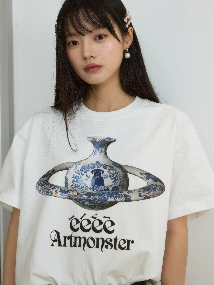 “瓷西太后”| eeee设计师款恶搞短袖宽松复古青花瓷印花T恤夏季