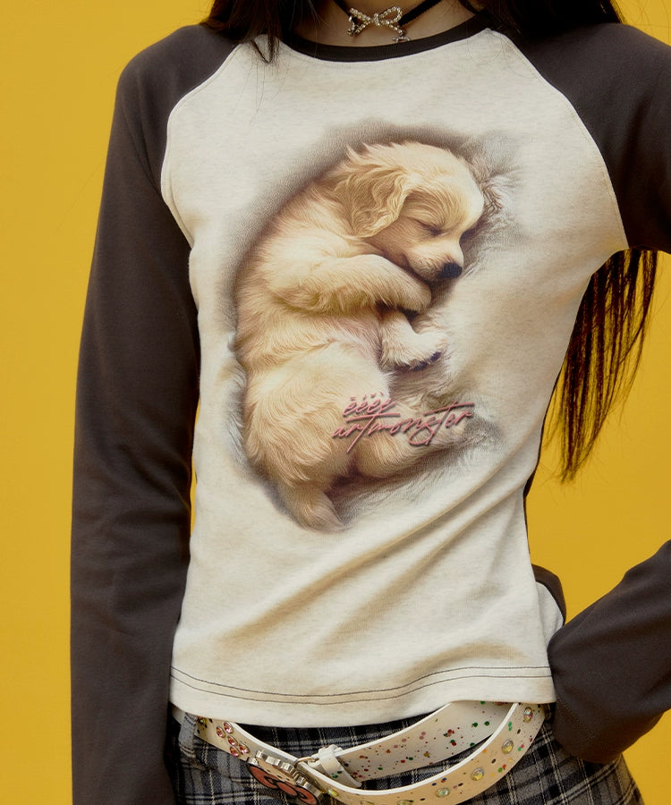 “瞌睡小狗”| eeee温柔风3D打印长袖T恤少女感修身插肩袖打底衫