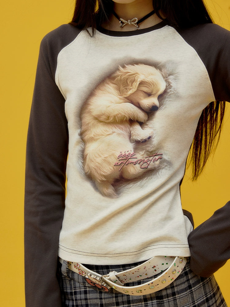“瞌睡小狗”| eeee温柔风3D打印长袖T恤少女感修身插肩袖打底衫