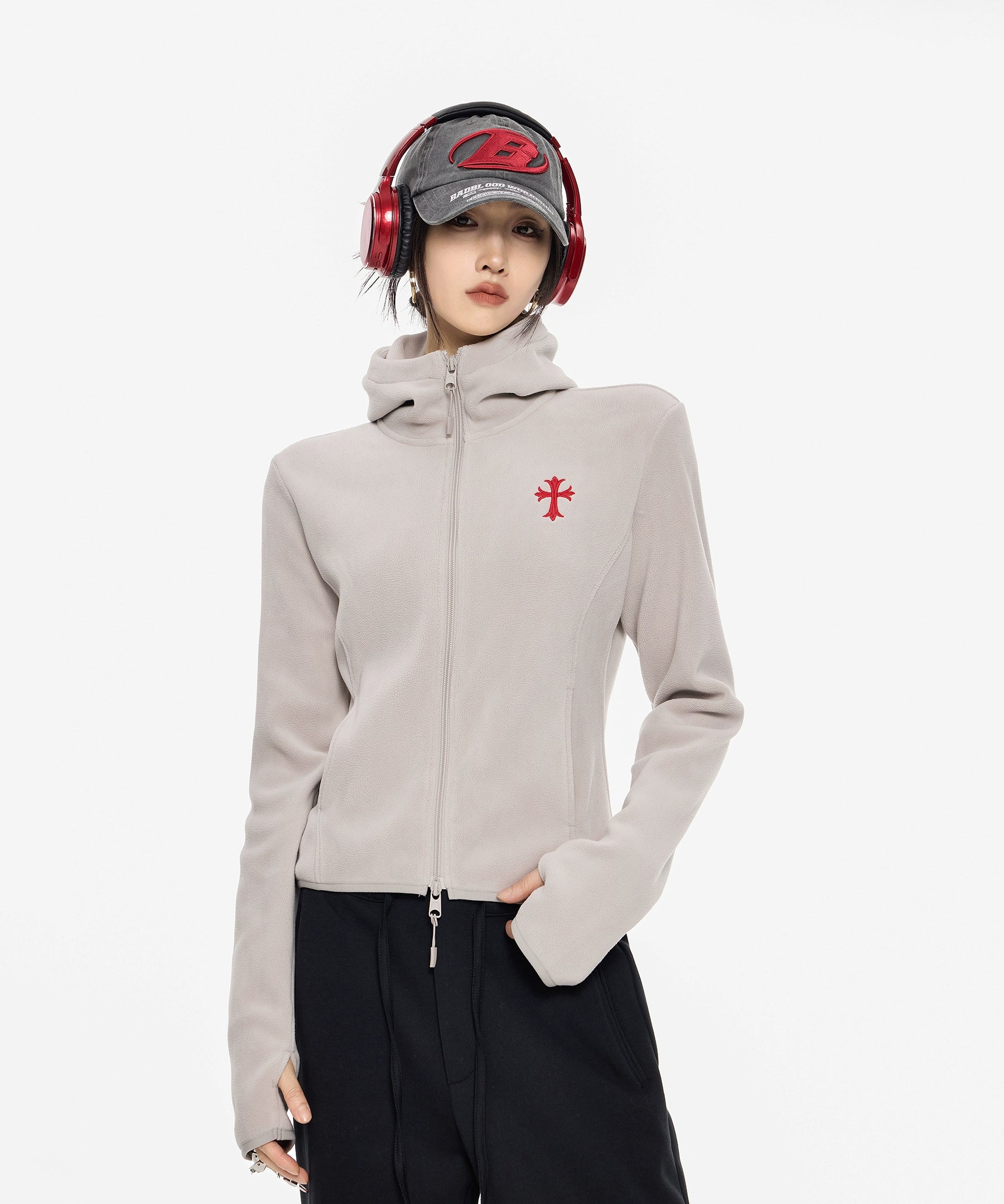 ICH MODE 美式复古摇粒绒短外套女新款秋冬连帽开衫卫衣修身上衣