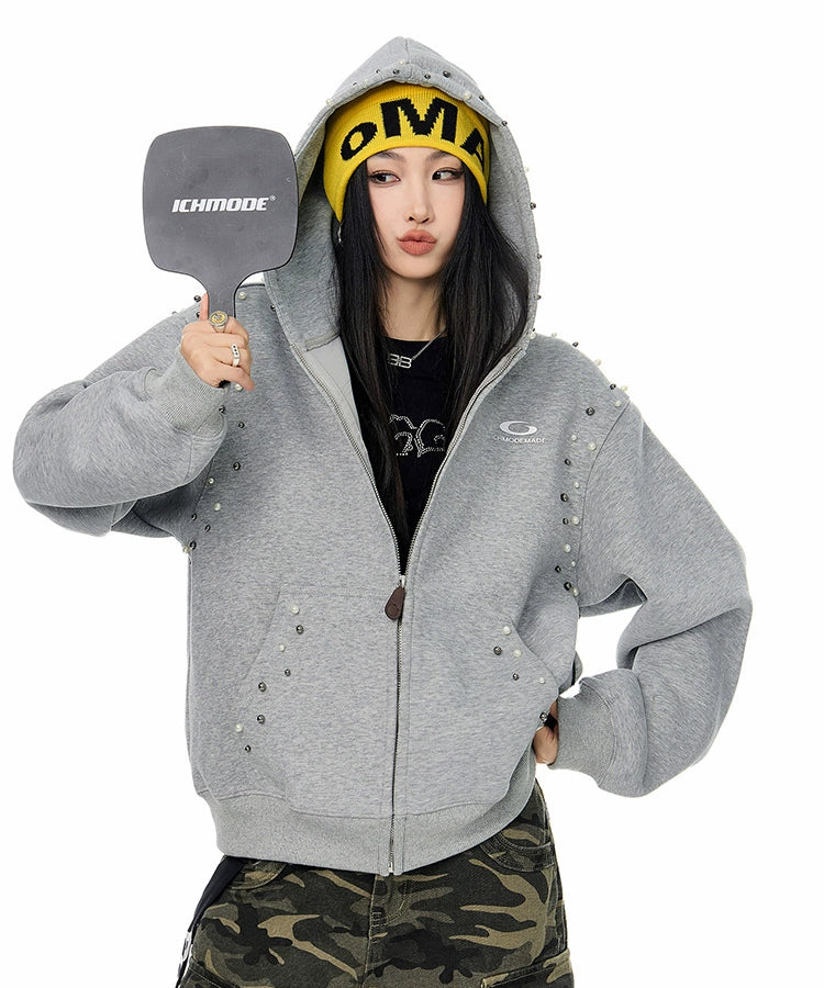 ICH MODE 美式复古珍珠连帽外套女2025新款秋冬宽松卫衣开衫上衣