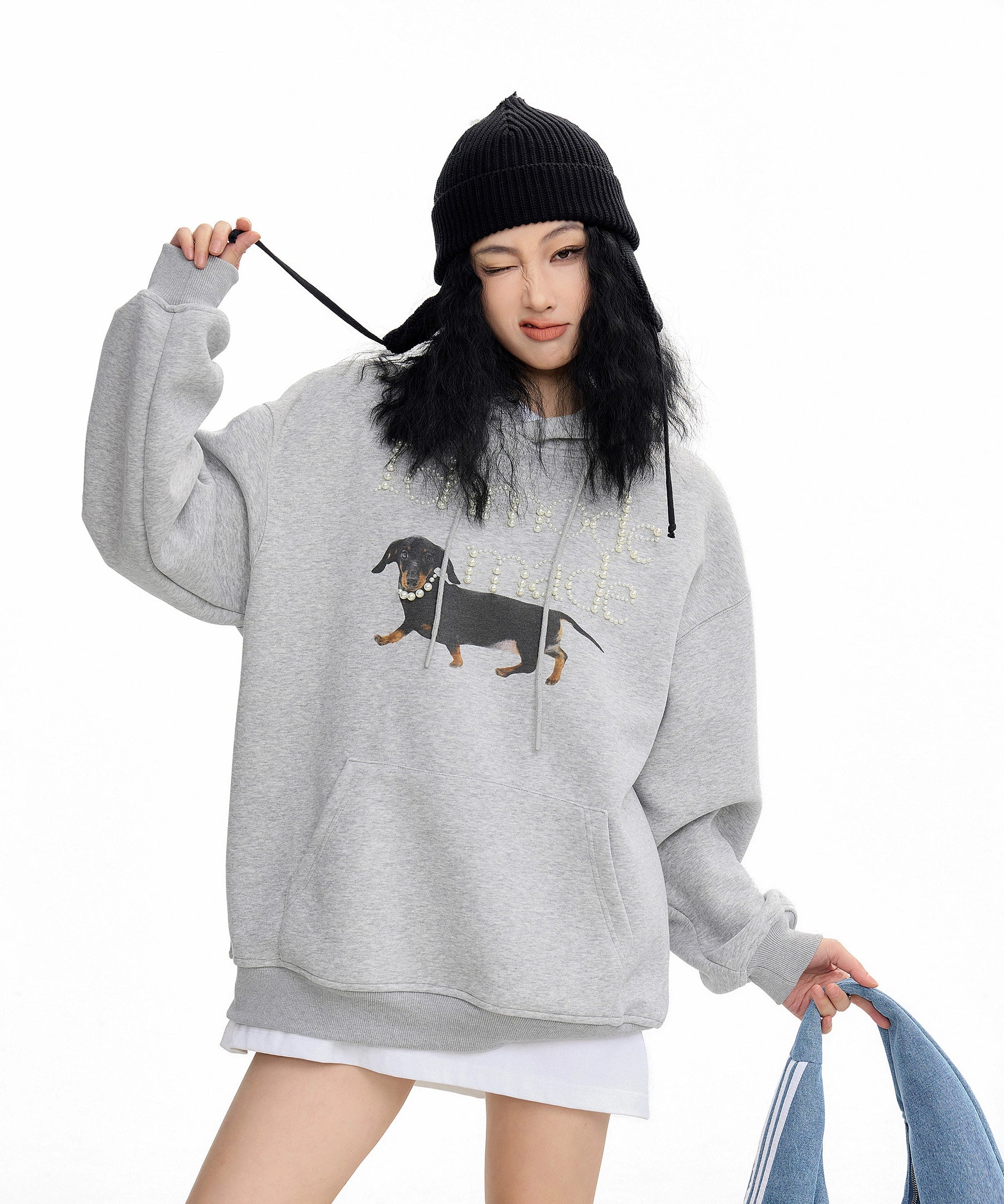 ICH MODE 美式复古珍珠连帽卫衣女秋冬新款宽松休闲百搭上衣外套