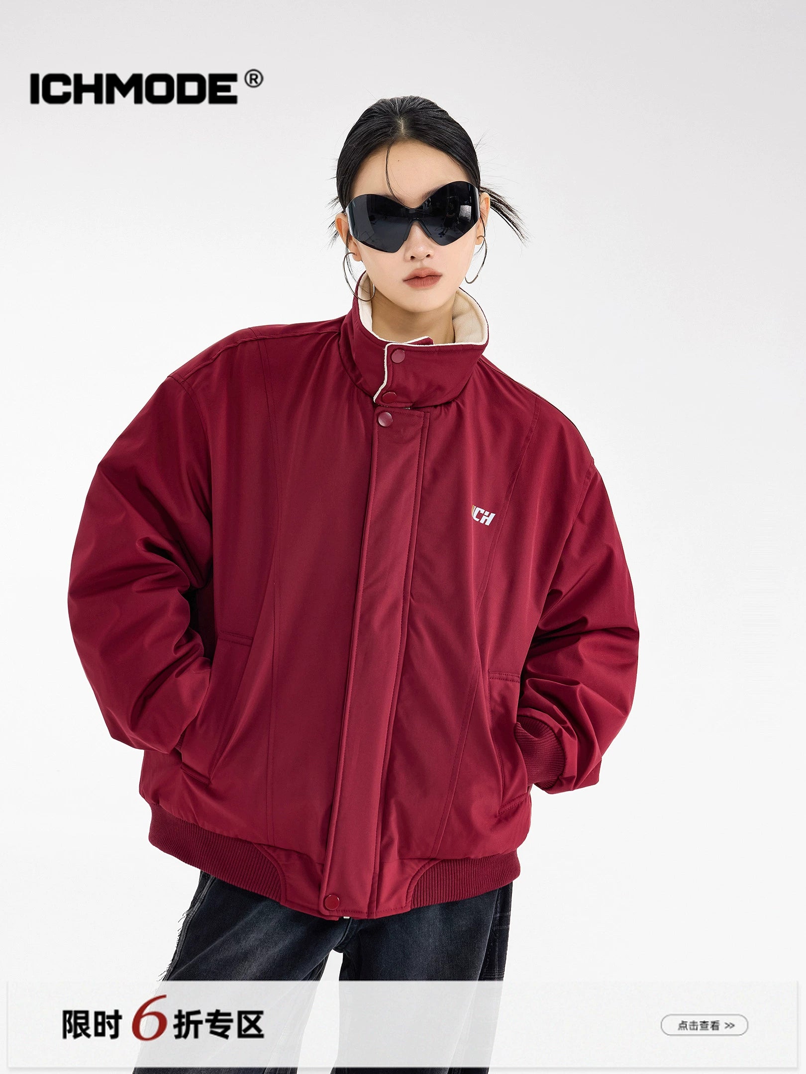 ICH MODE 美式复古撞色立领棉服女2025新款冬季运动开衫上衣外套