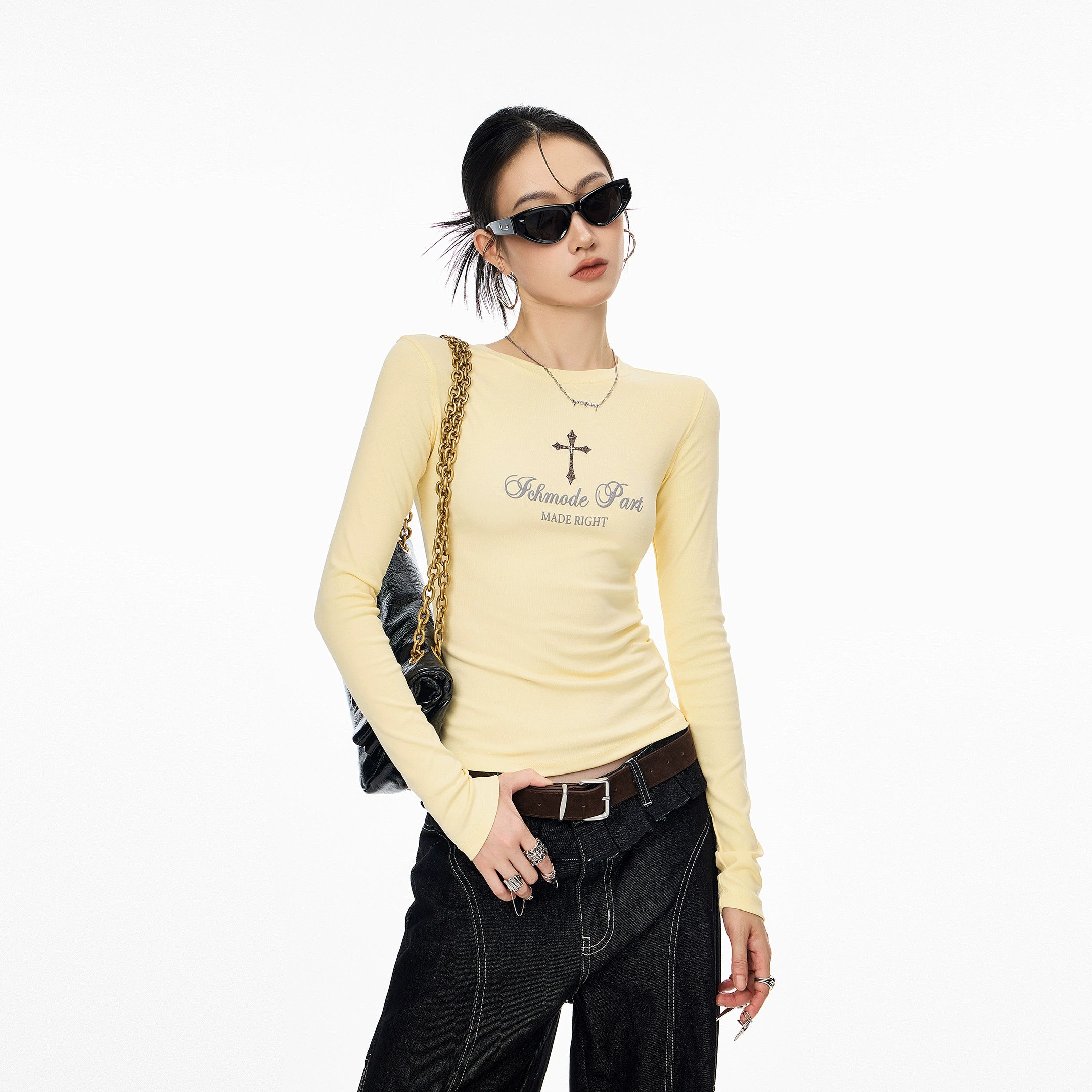 ICH MODE 美式十字架正肩长袖T恤女秋冬新款修身显瘦一字肩上衣