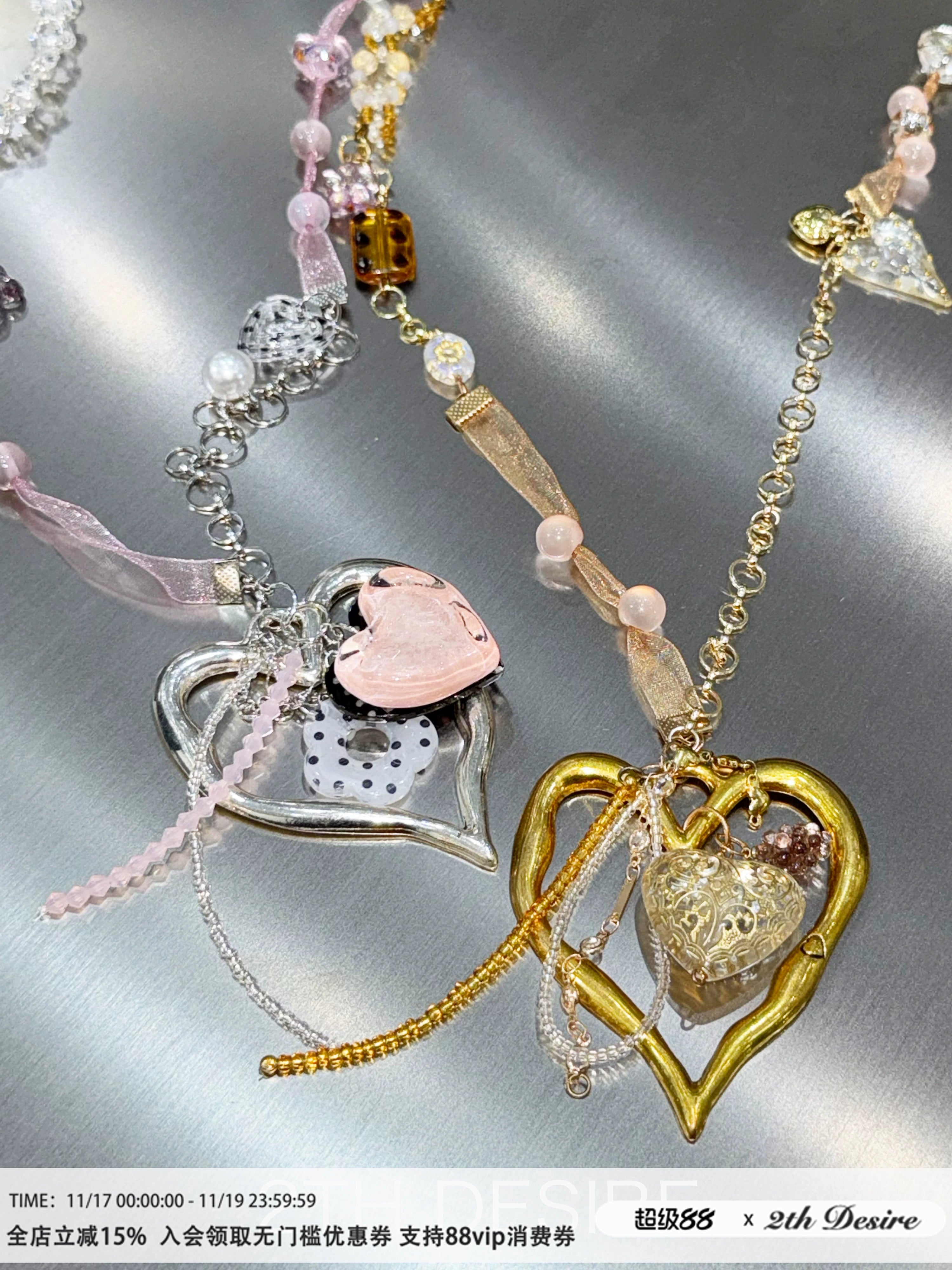 2th Desire手工丝带拼接彩珠爱心波点花朵五金度假感项链锁骨链