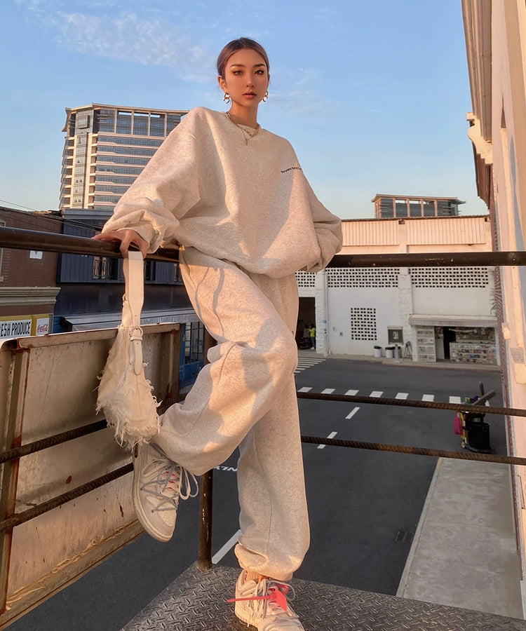 野生zero灰色运动卫衣套装女春秋冬季加绒宽松慵懒风休闲束脚裤子