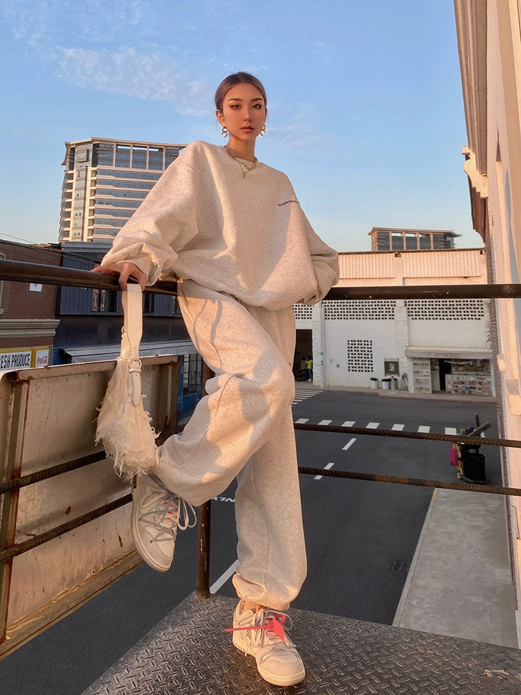 野生zero灰色运动卫衣套装女春秋冬季加绒宽松慵懒风休闲束脚裤子