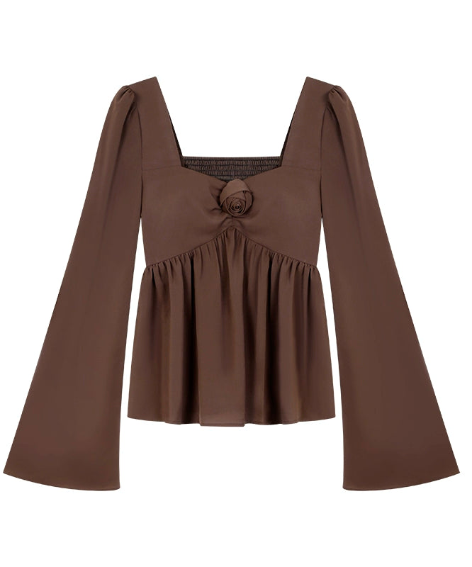 野生zerocircle红色法式别致小衫女春辣妹小众显瘦花朵喇叭袖上衣