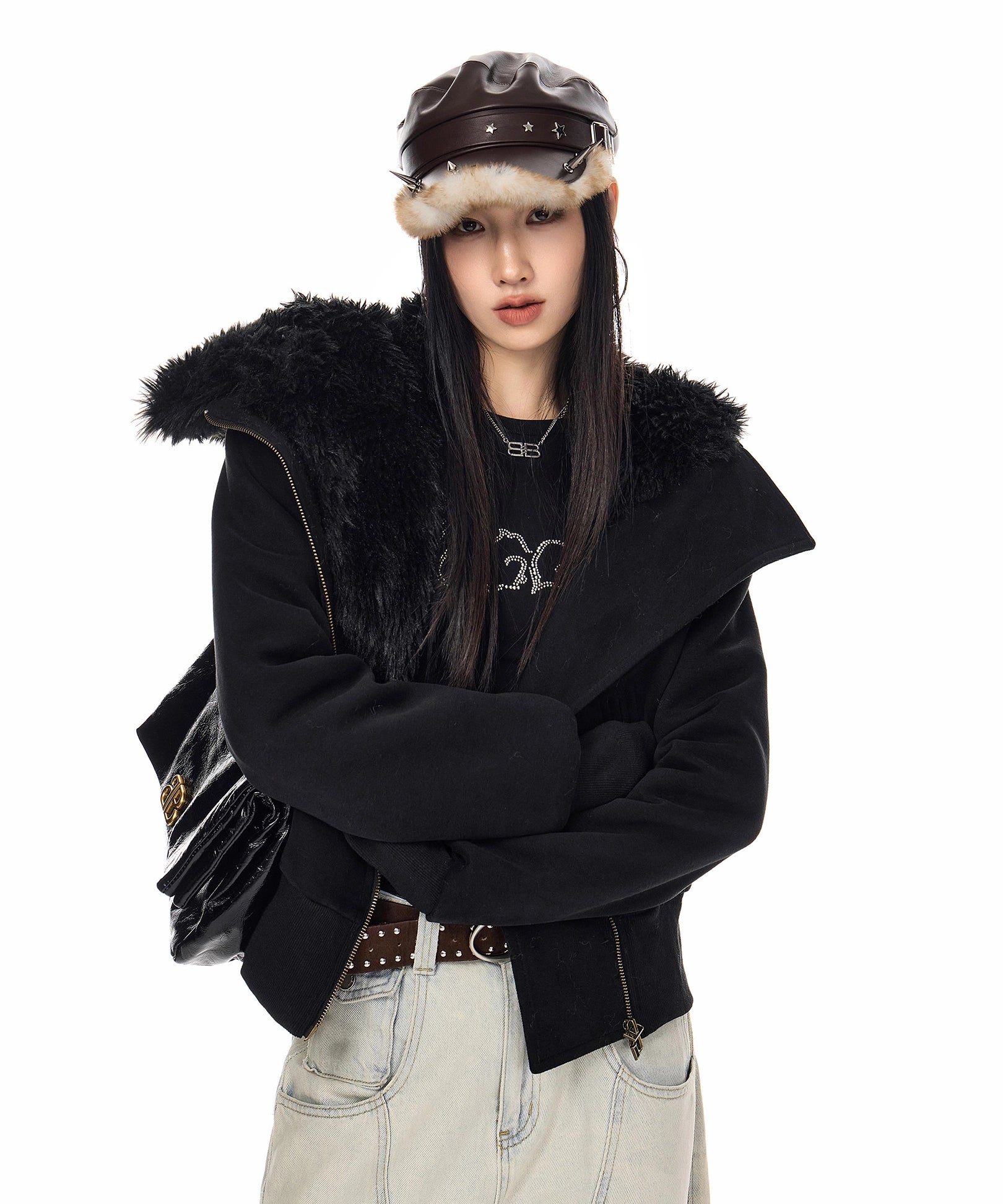 ICH MODE 美式复古毛绒内胆毛领棉服女2025冬季新款修身短款棉衣