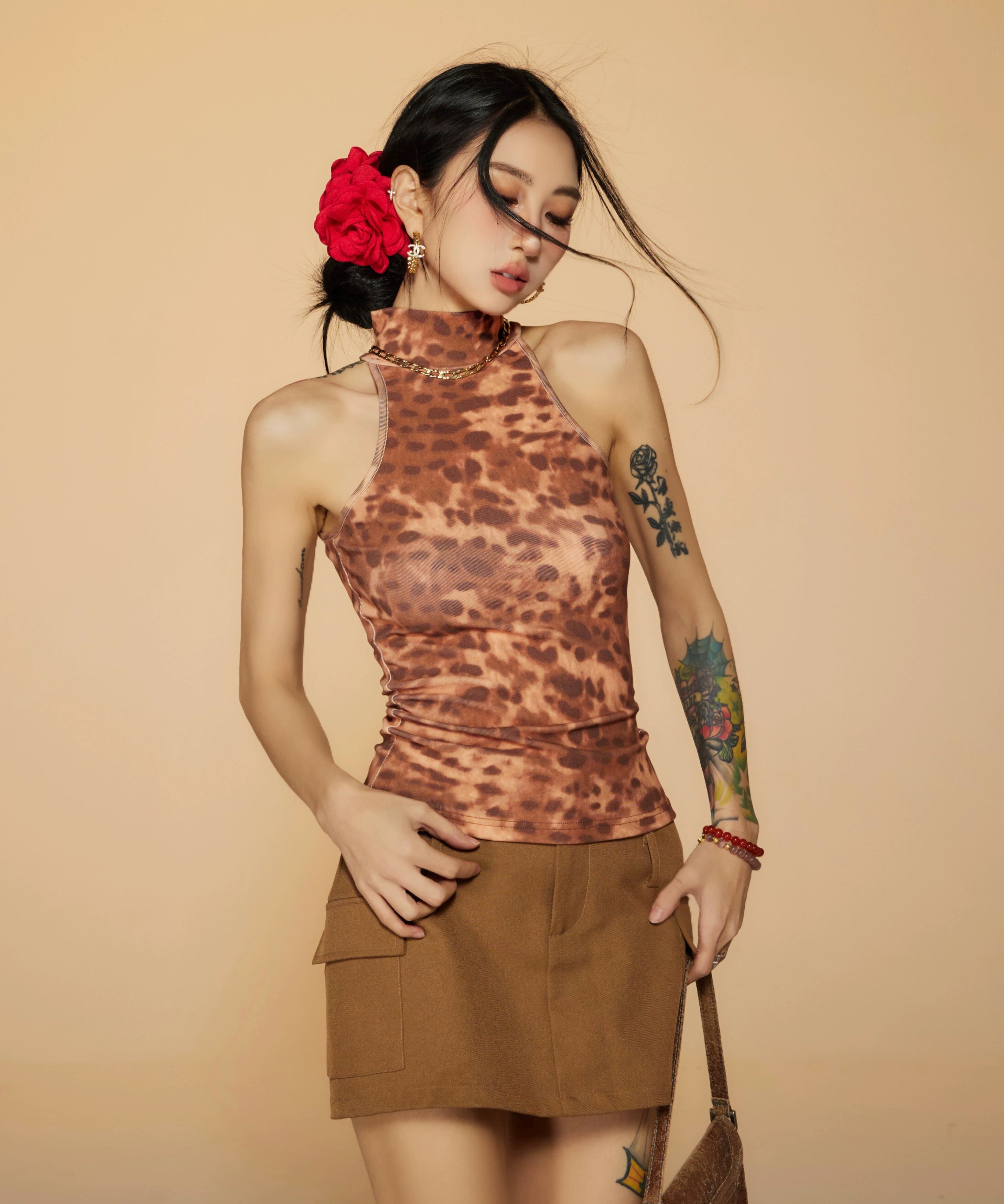 野生zerocircle豹纹无袖高领背心女夏季外穿辣妹修身显瘦小众上衣