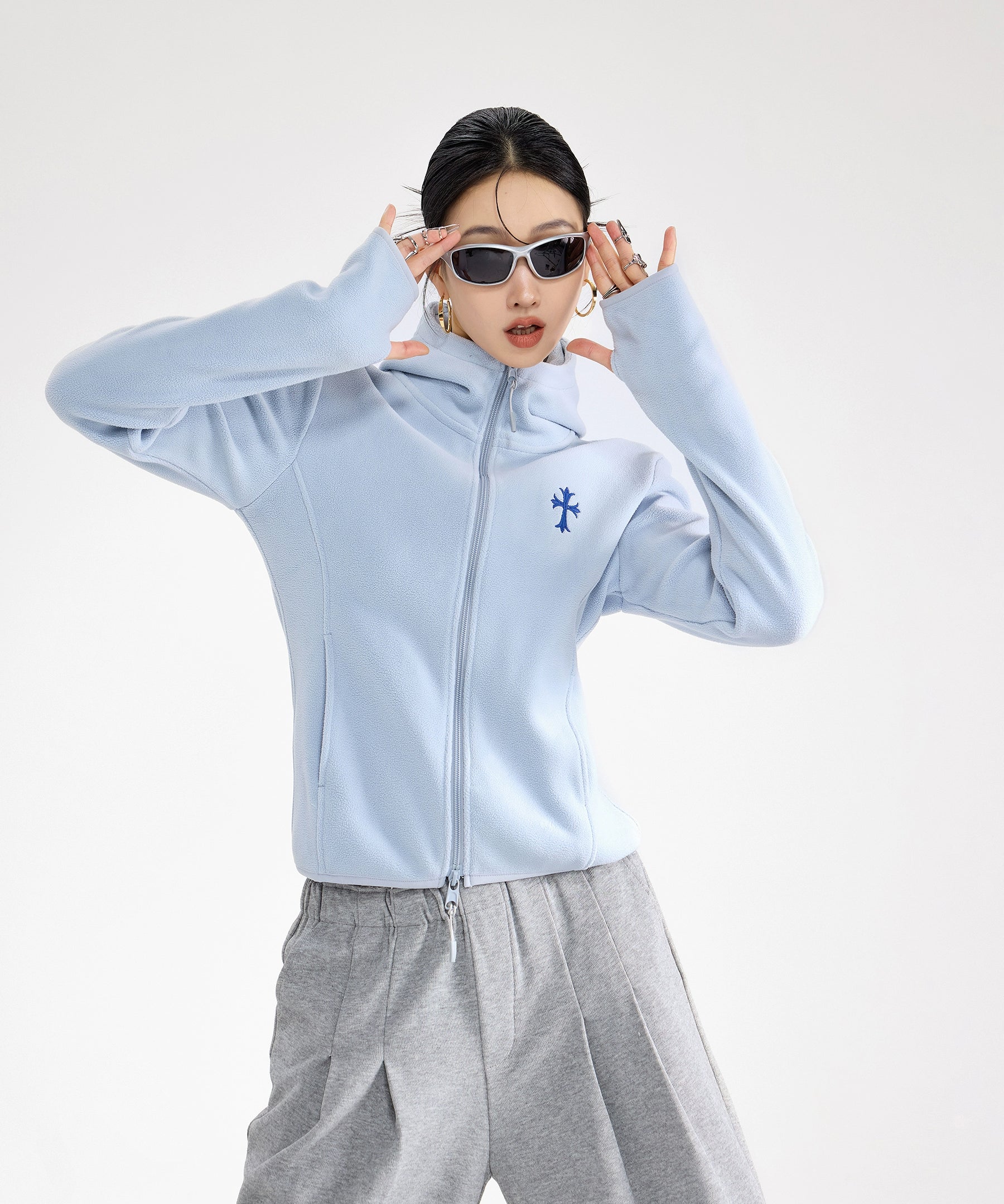 ICH MODE 美式复古摇粒绒短外套女新款秋冬连帽开衫卫衣修身上衣