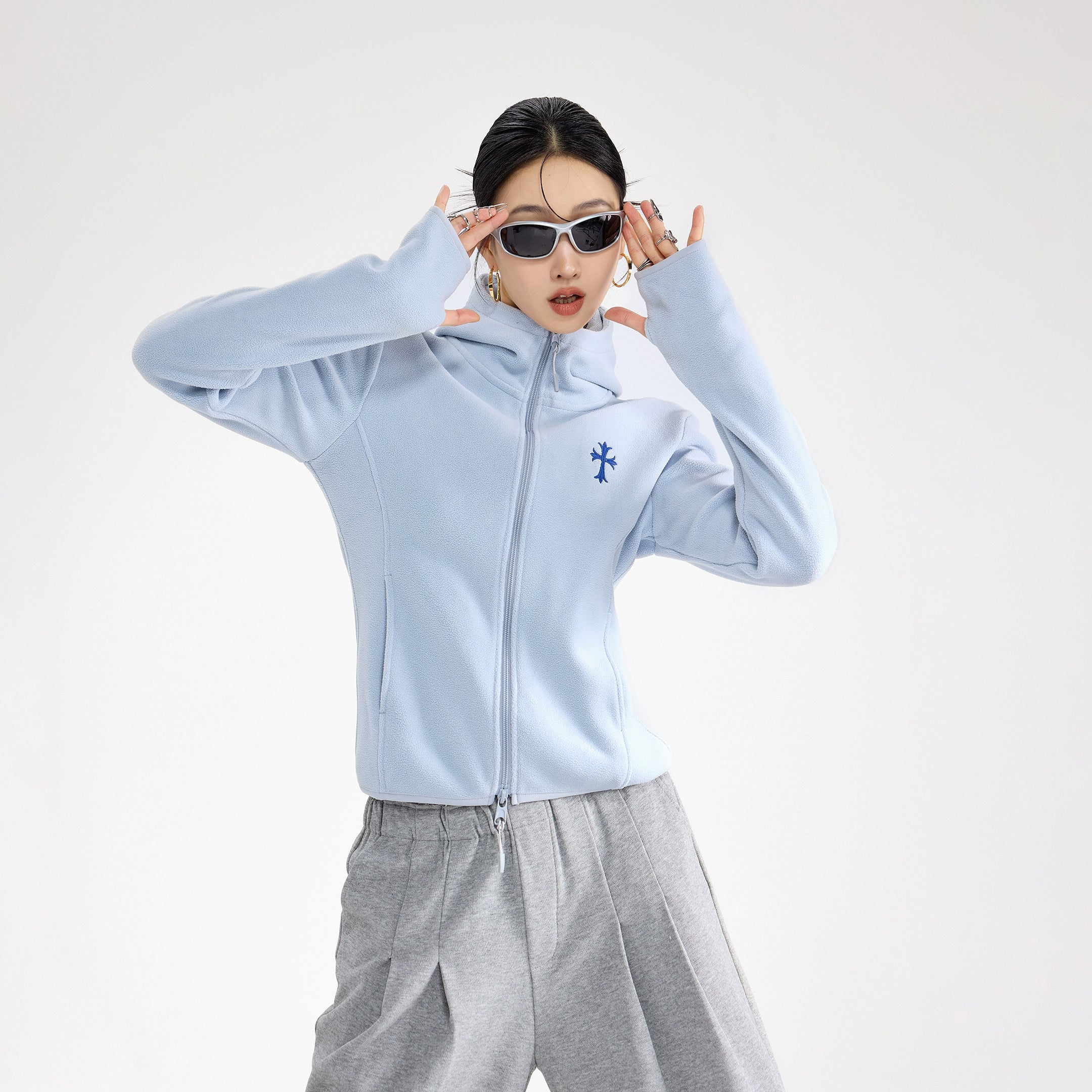 ICH MODE 美式复古摇粒绒短外套女新款秋冬连帽开衫卫衣修身上衣