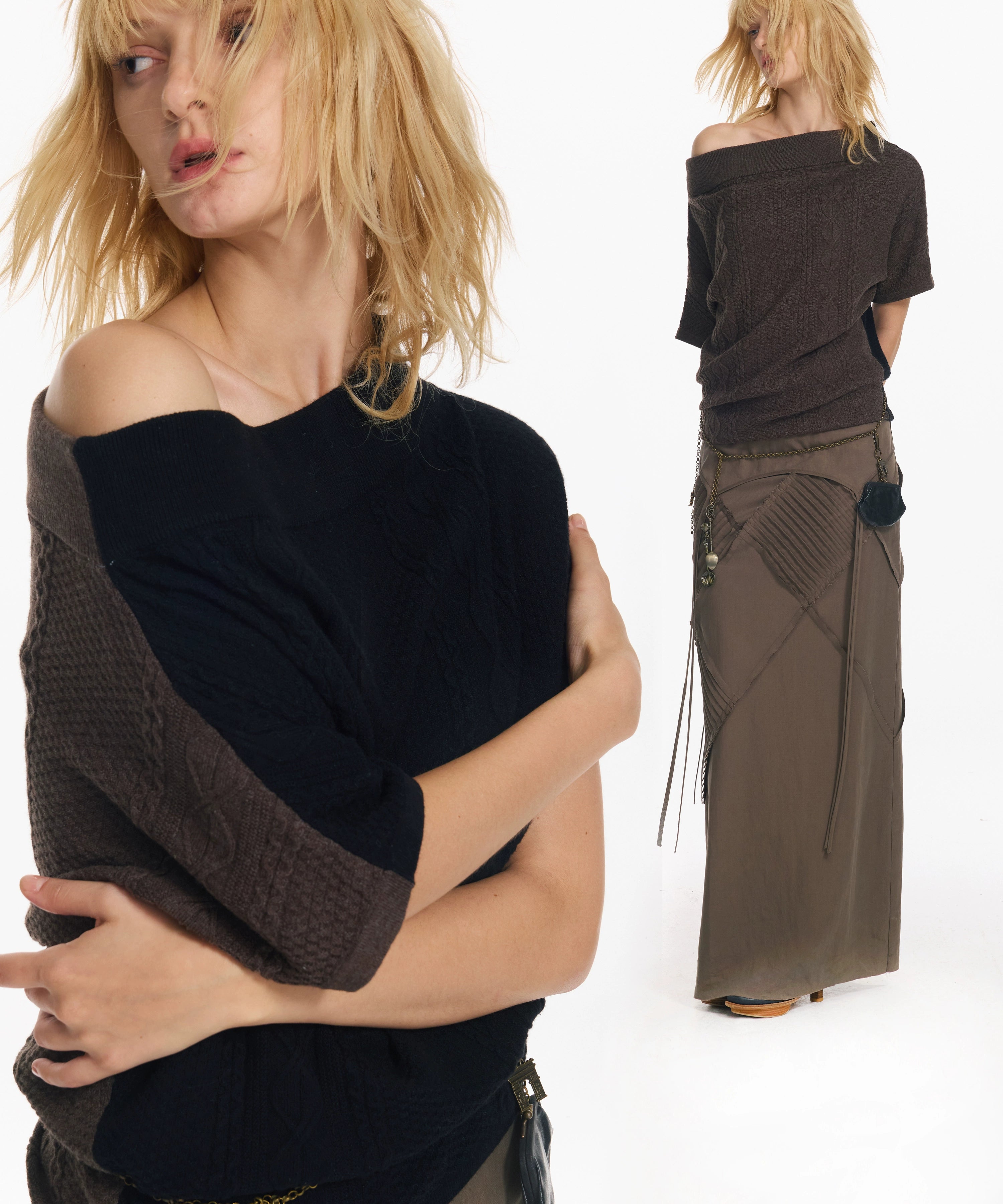 2th Desire 撞色斜肩宽松蝙蝠袖绞花设计感小众短袖外穿毛针织衫