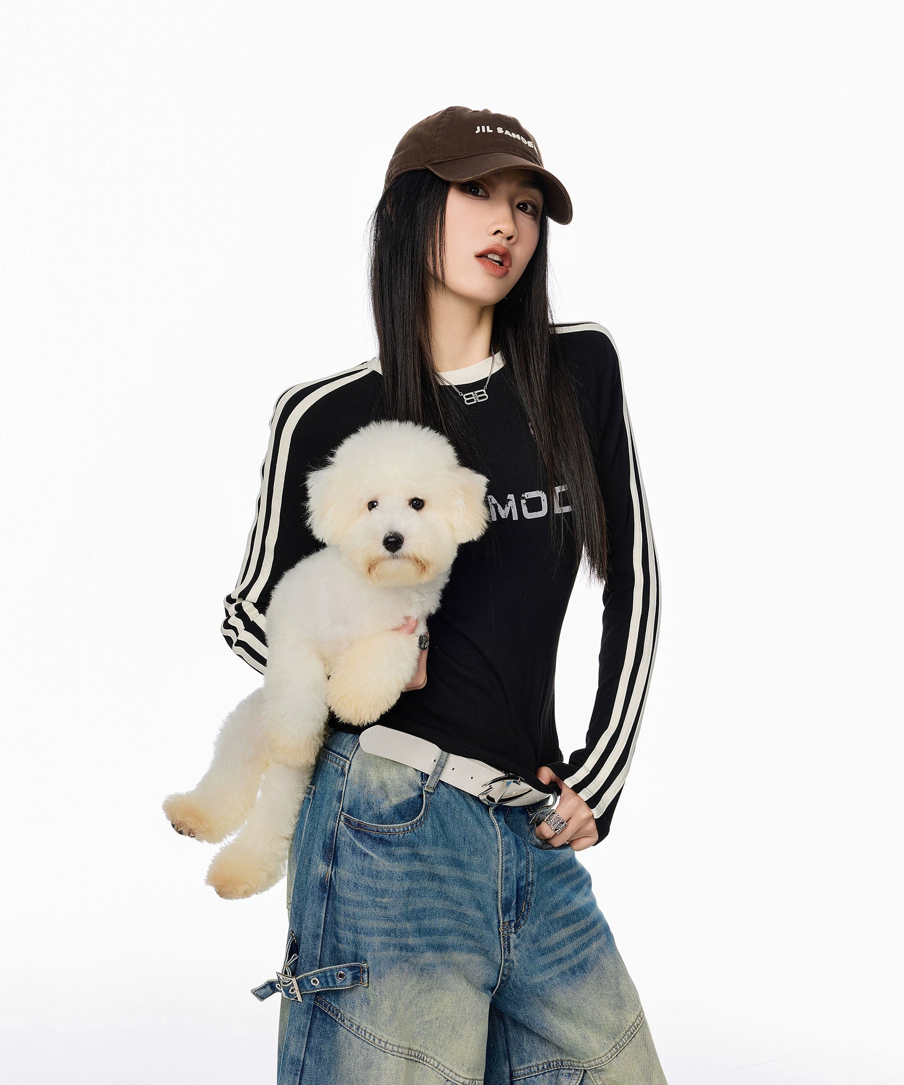 ICH MODE 美式复古正肩长袖T恤女秋冬新款修身运动正肩上衣打底衫