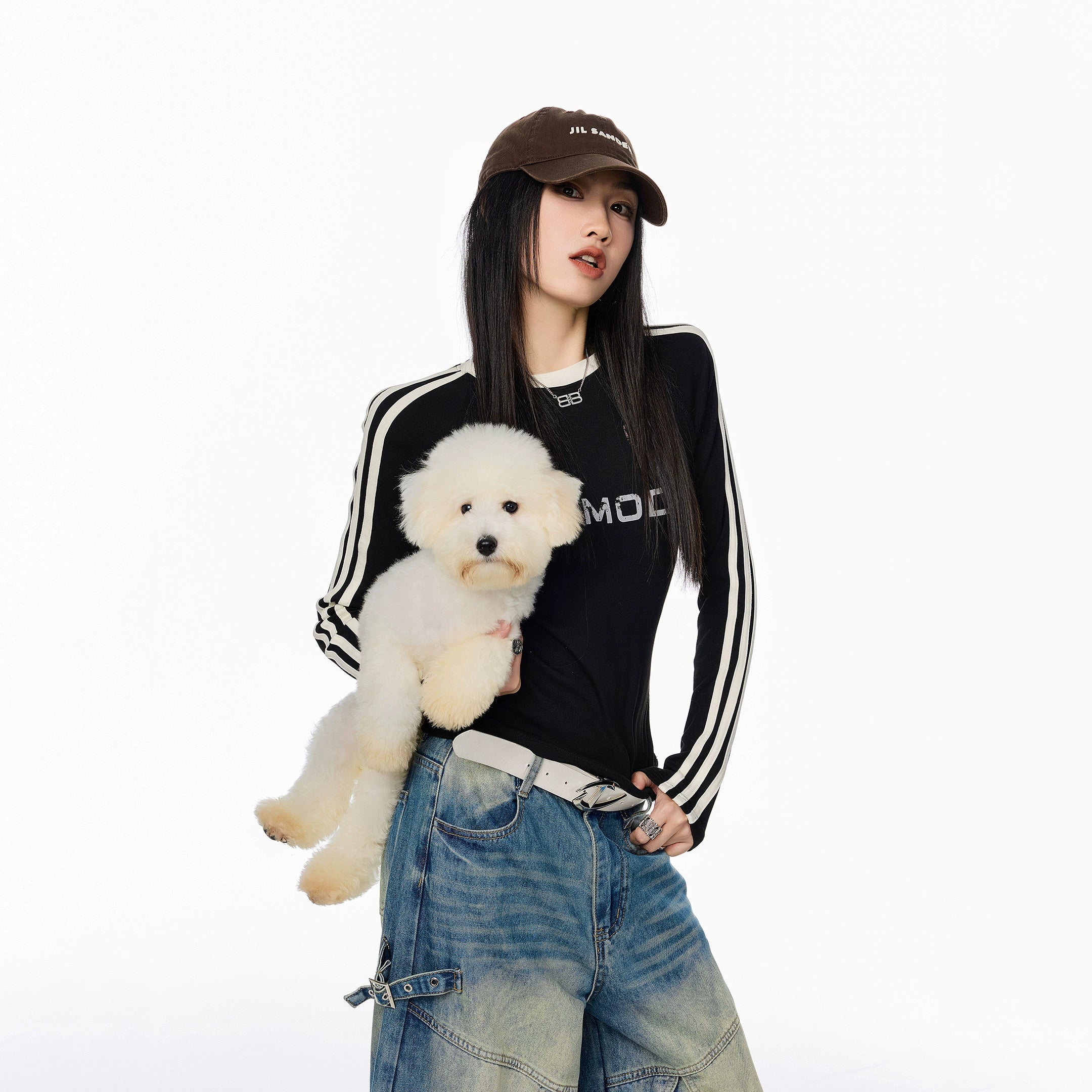 ICH MODE 美式复古正肩长袖T恤女秋冬新款修身运动正肩上衣打底衫