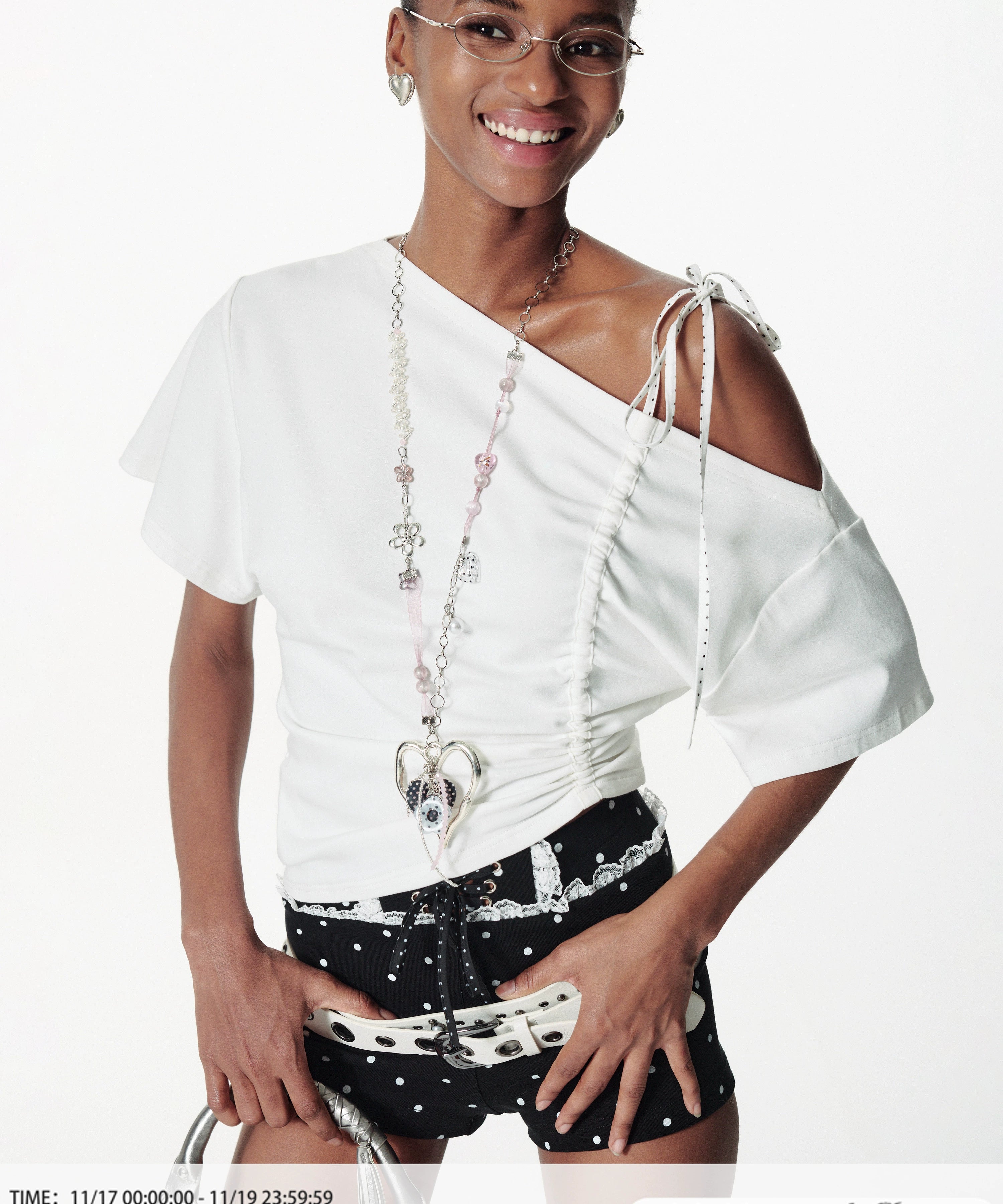 2th Desire斜肩撞色波点抽绳绑带拼接宽松蝙蝠袖柔软T恤上衣女