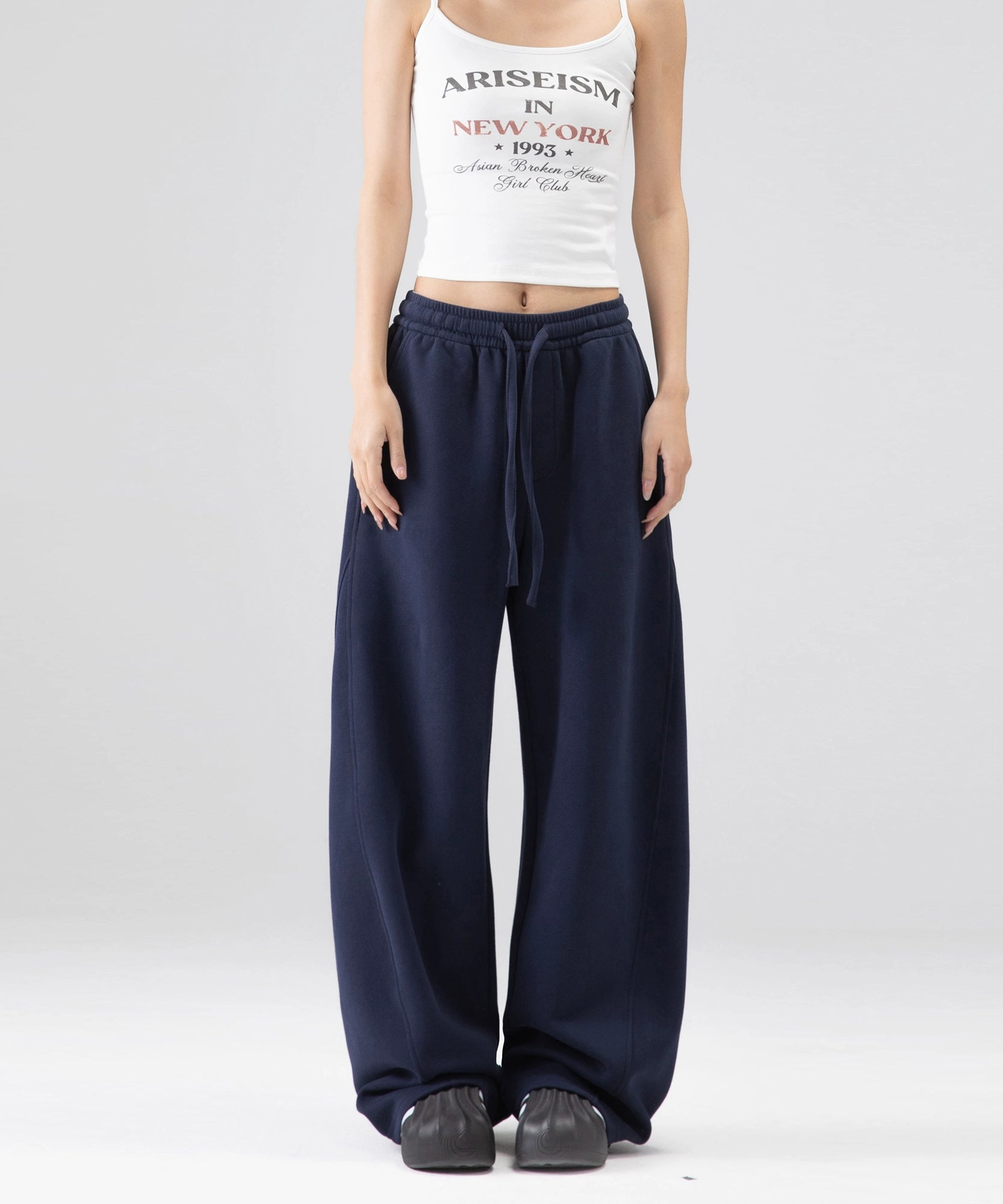 ICH MODE 美式加绒卫裤运动裤女秋冬新款宽松阔腿休闲裤弯刀裤子