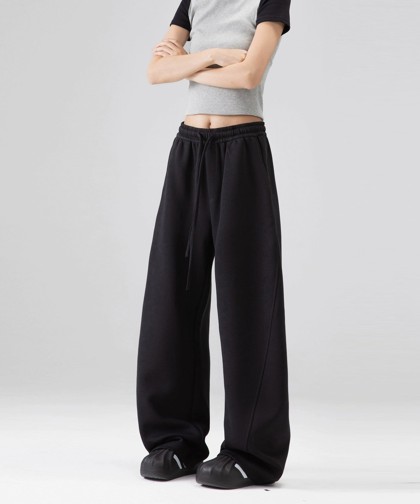 ICH MODE 美式加绒卫裤运动裤女秋冬新款宽松阔腿休闲裤弯刀裤子