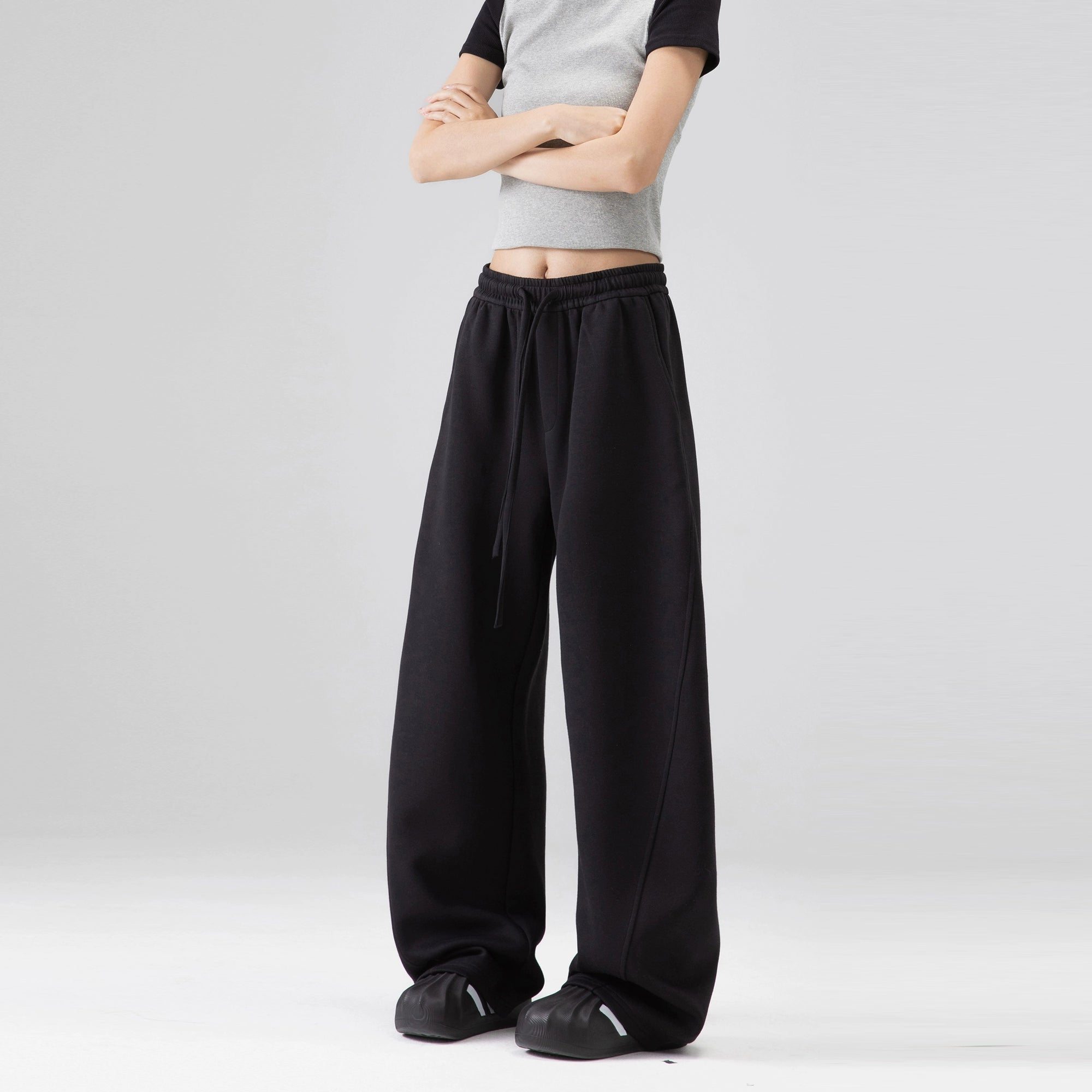 ICH MODE 美式加绒卫裤运动裤女秋冬新款宽松阔腿休闲裤弯刀裤子