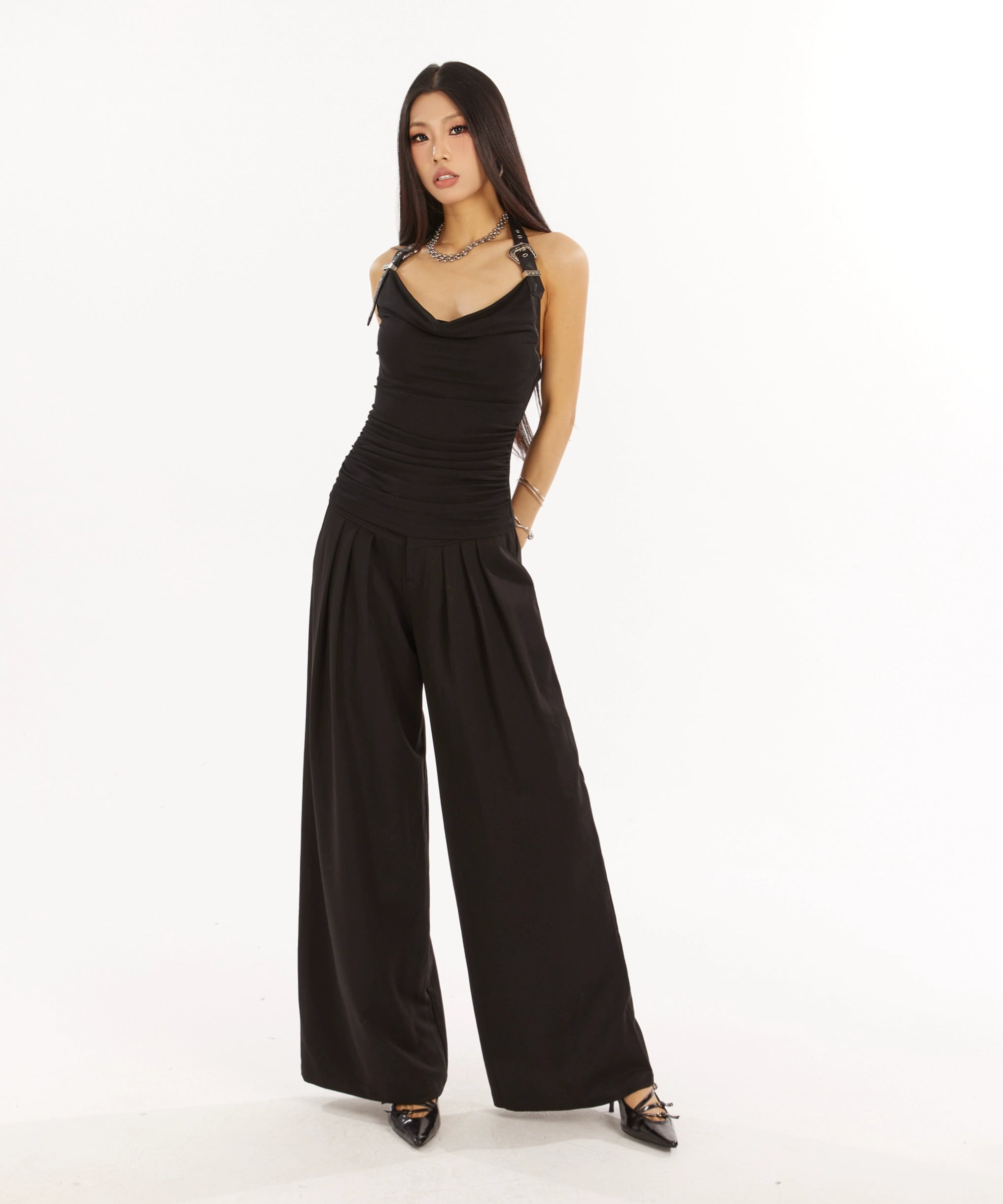 野生zero黑色无袖挂脖背心女夏季外穿设计感小众辣妹修身荡领上衣