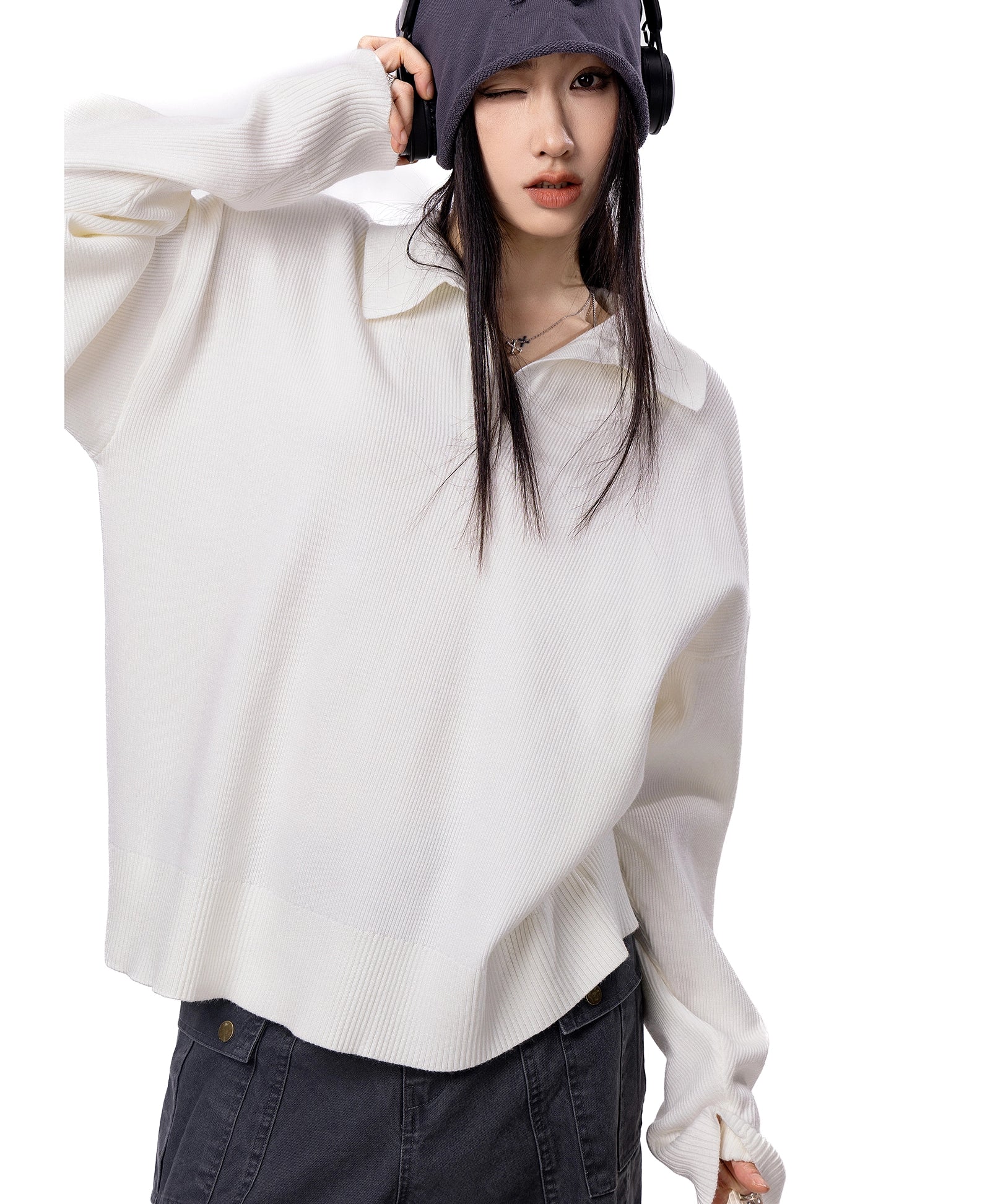 ICH MODE 美式复古POLO毛针织衫女秋冬新款宽松休闲长袖毛衣外套