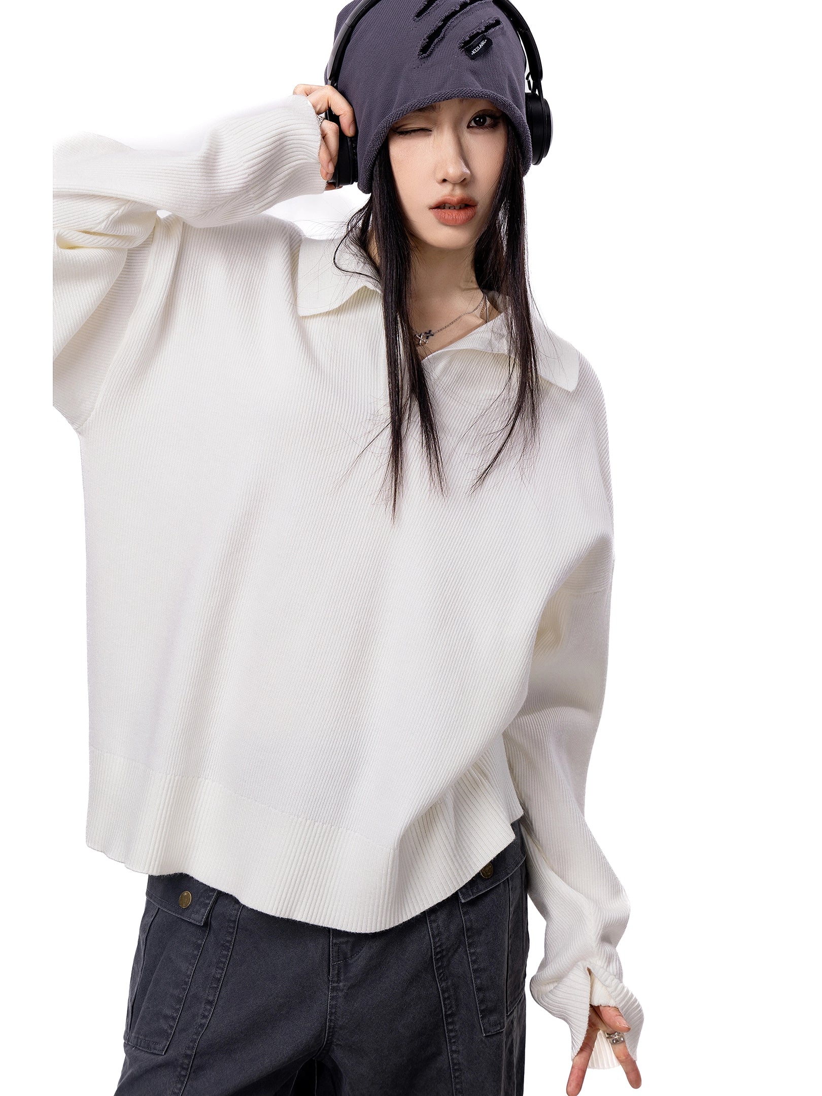 ICH MODE 美式复古POLO毛针织衫女秋冬新款宽松休闲长袖毛衣外套