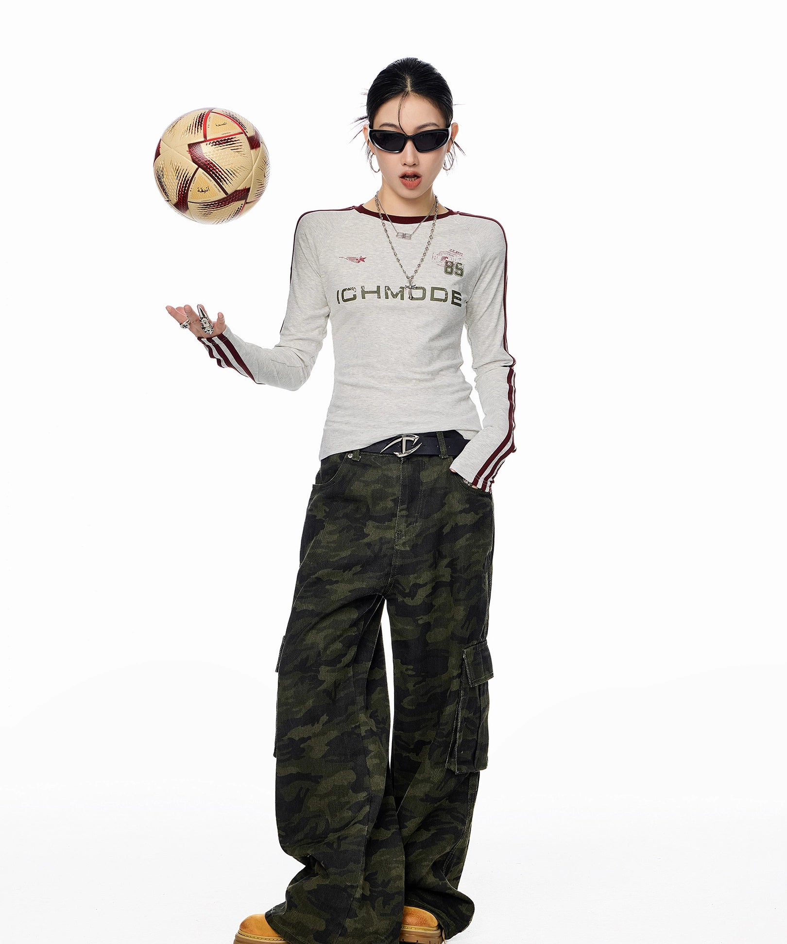 ICH MODE 美式复古正肩长袖T恤女秋冬新款修身运动正肩上衣打底衫