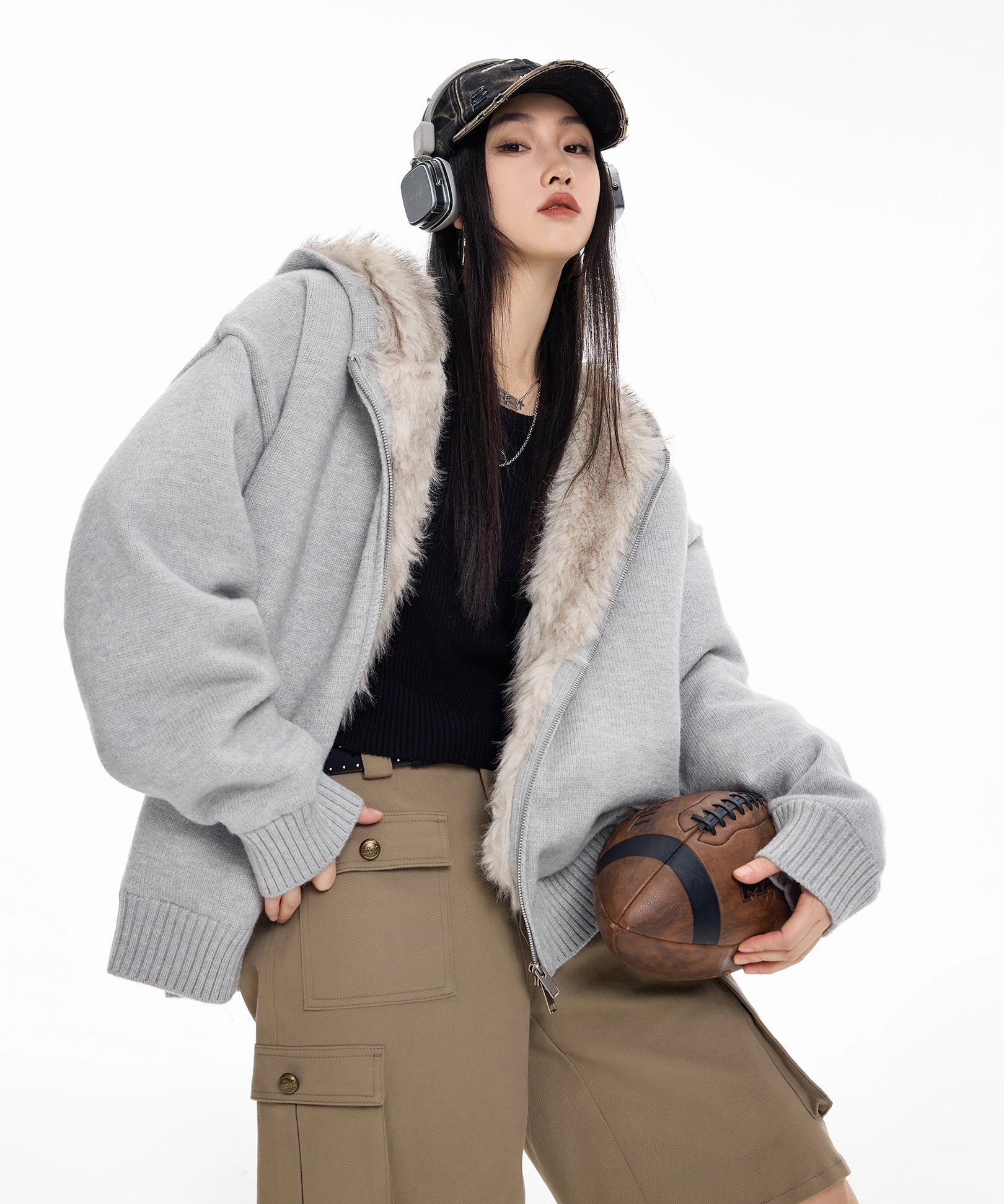 ICH MODE 美式复古座山雕针织开衫棉服女秋冬季宽松加厚棉衣外套