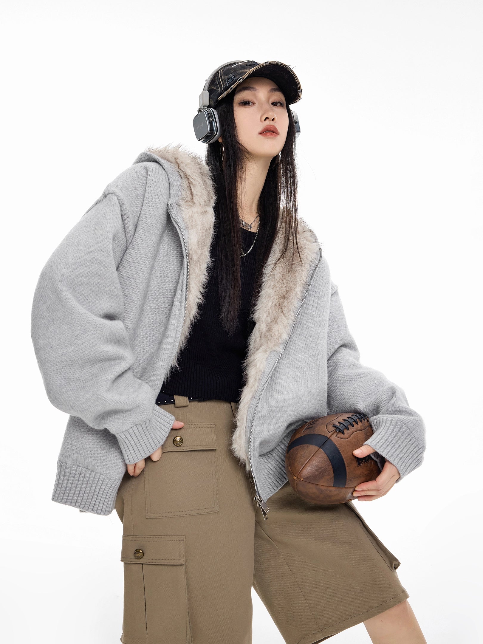 ICH MODE 美式复古座山雕针织开衫棉服女秋冬季宽松加厚棉衣外套