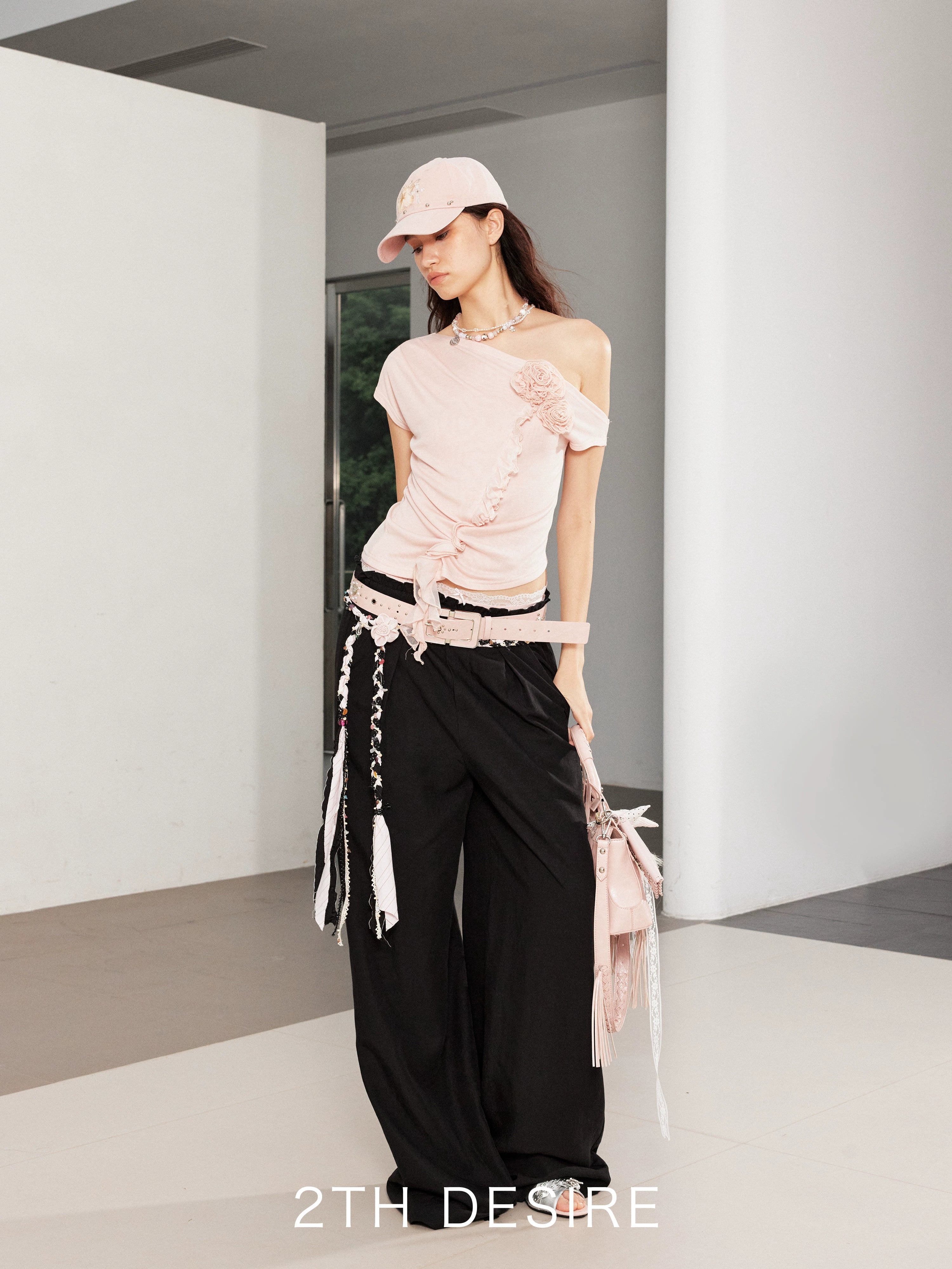 2th Desire复古手工编织亚麻腰带撞色条纹串珠彩色石头流浪感腰绳