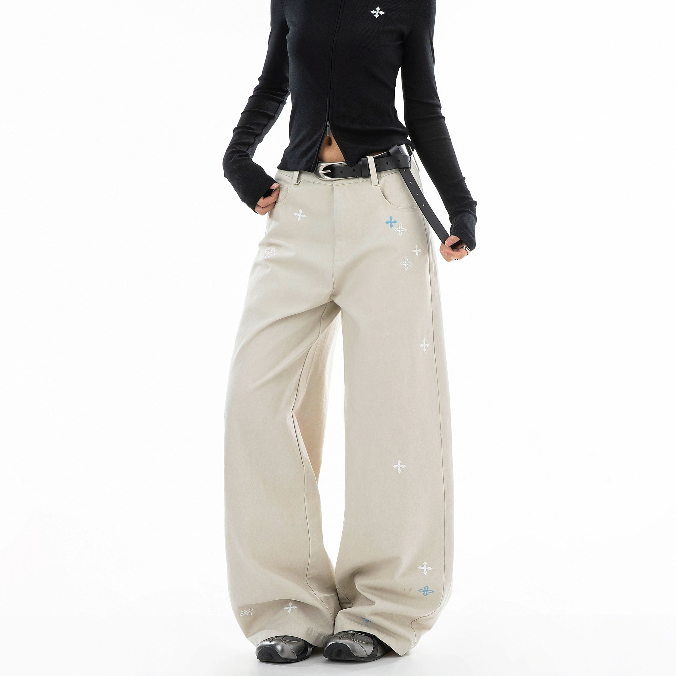 ICH MODE 美式复古刺绣纱卡休闲裤女宽松直筒裤弯刀阔腿裤运动裤