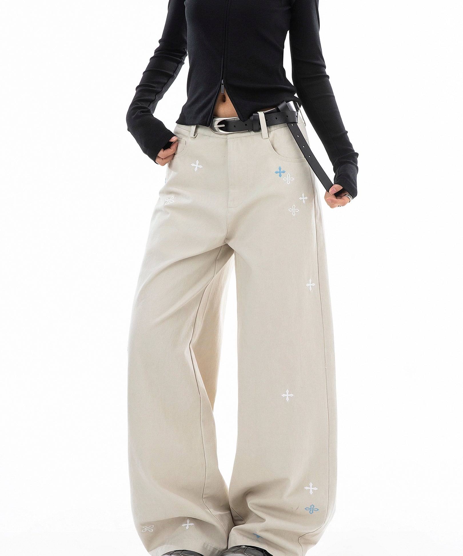 ICH MODE 美式复古刺绣纱卡休闲裤女宽松直筒裤弯刀阔腿裤运动裤