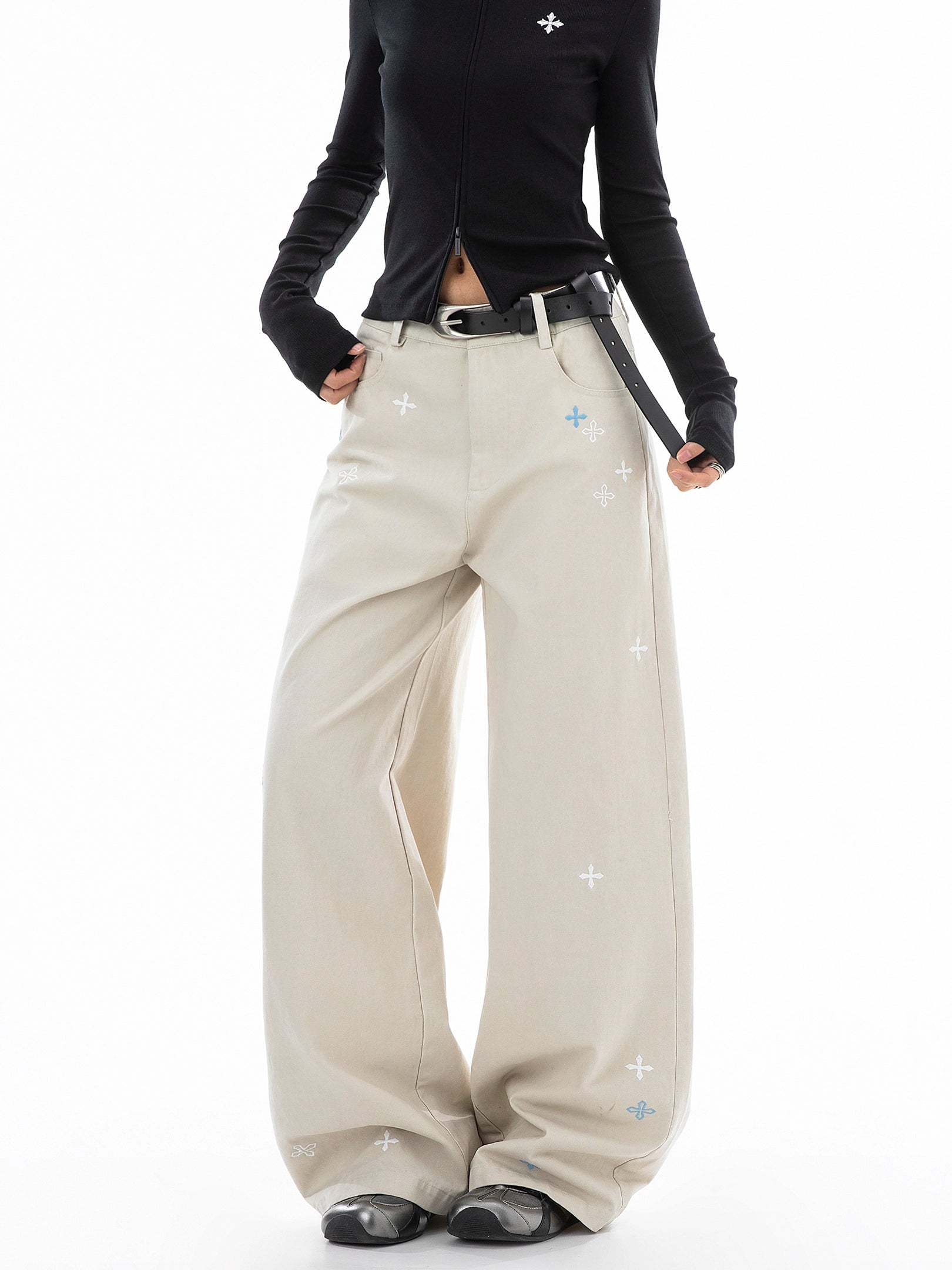 ICH MODE 美式复古刺绣纱卡休闲裤女宽松直筒裤弯刀阔腿裤运动裤