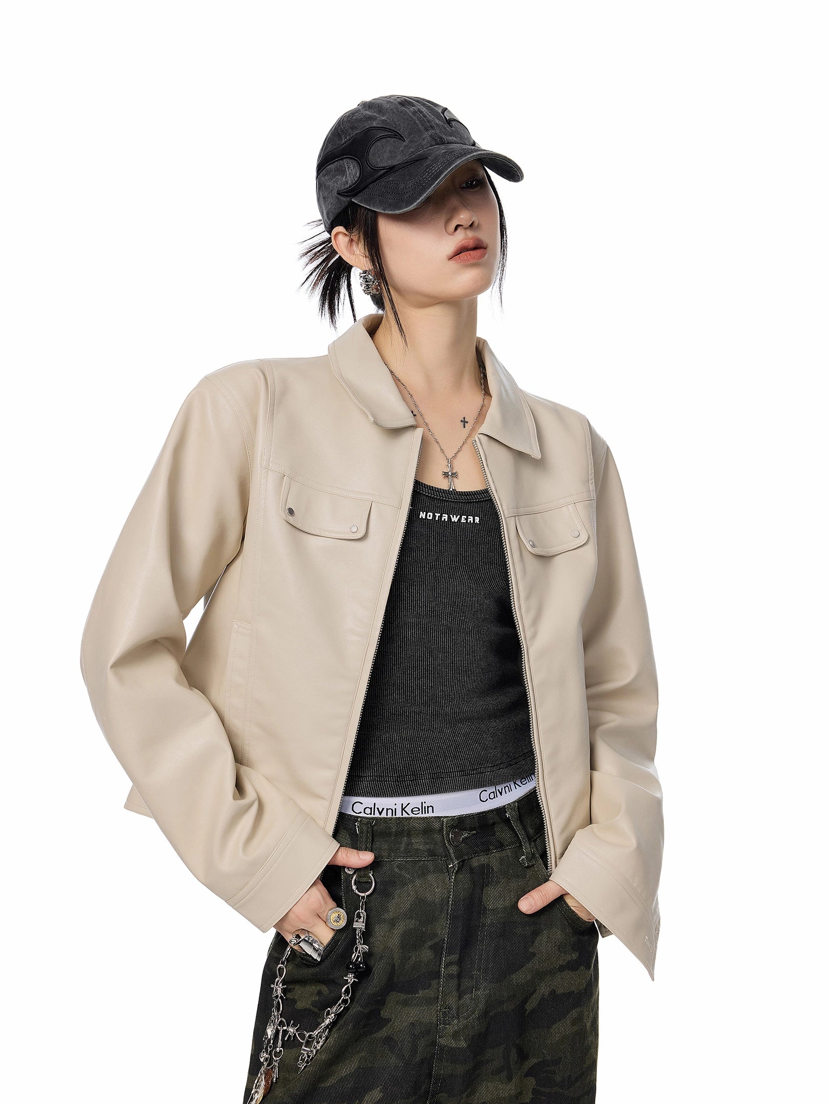 ICH MODE 美式复古短款皮衣外套女2025新款秋冬酷飒风皮夹克上衣