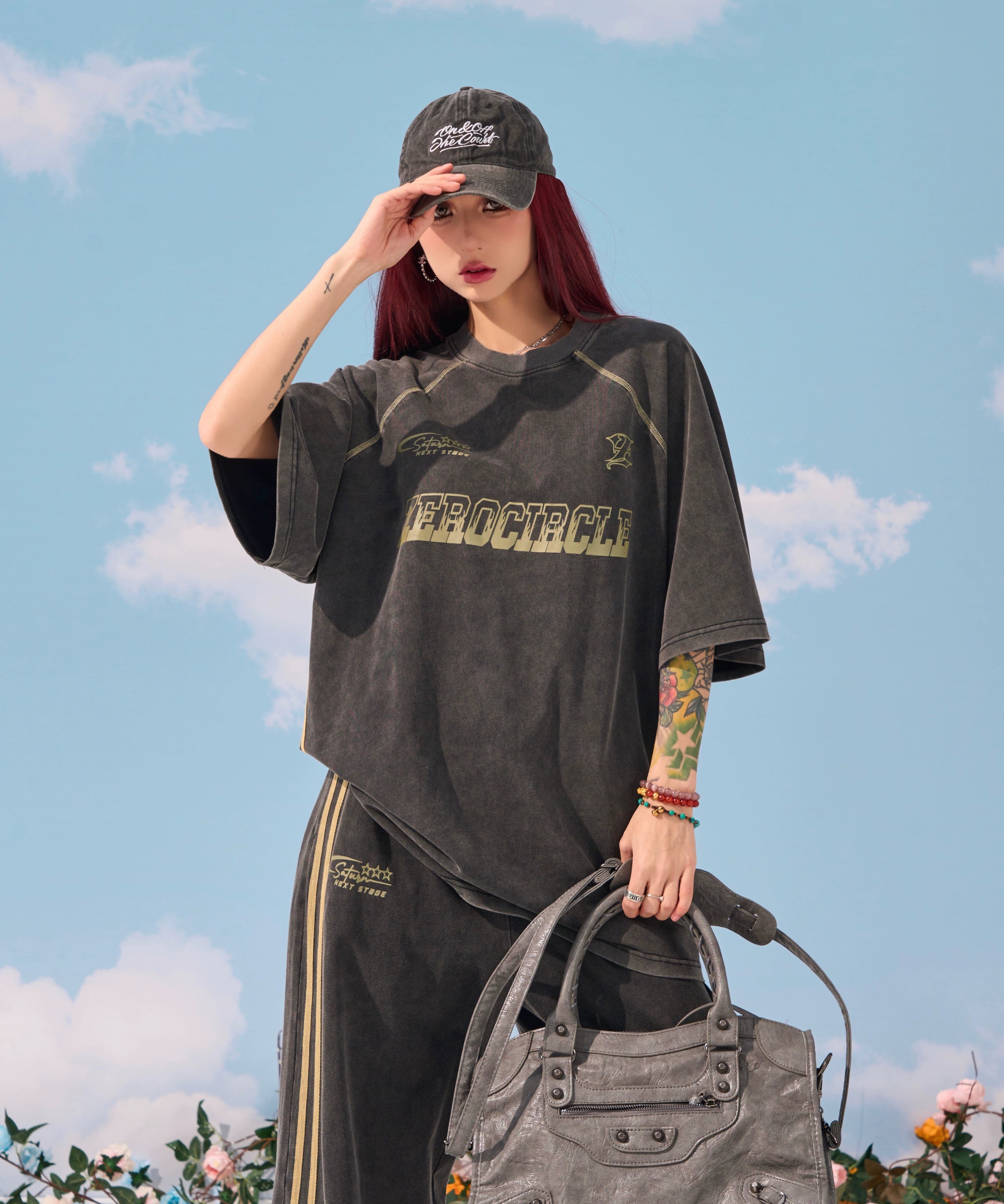 野生zerocircle 休闲套装女夏深灰色水洗宽松印花短袖t恤直筒裤子