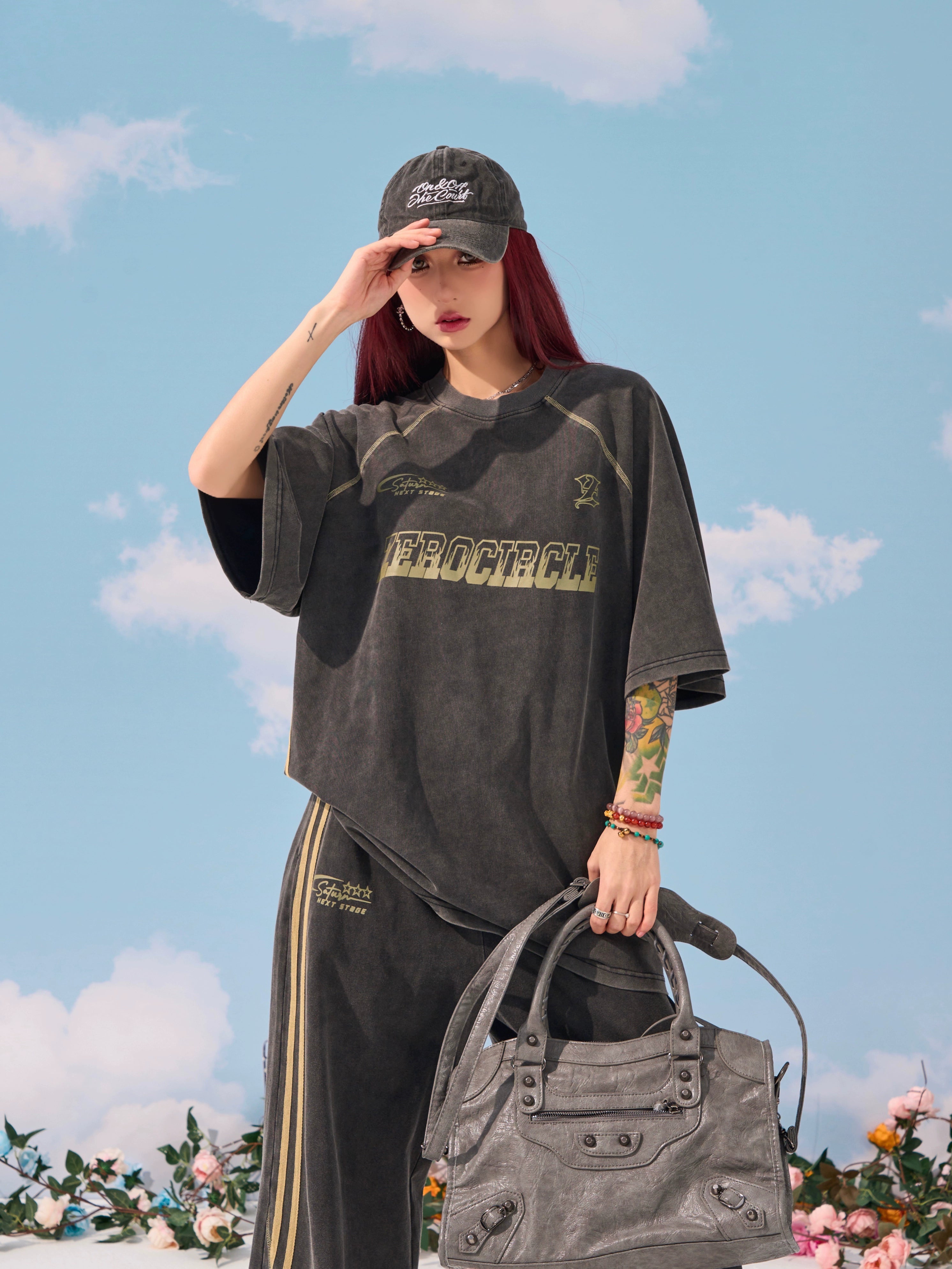 野生zerocircle 休闲套装女夏深灰色水洗宽松印花短袖t恤直筒裤子