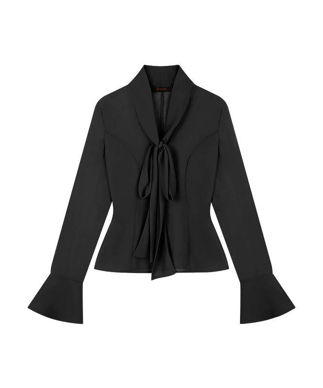 野生zerocircle 黑色薄款雪纺衬衫女春秋季辣妹修身喇叭袖v领上衣