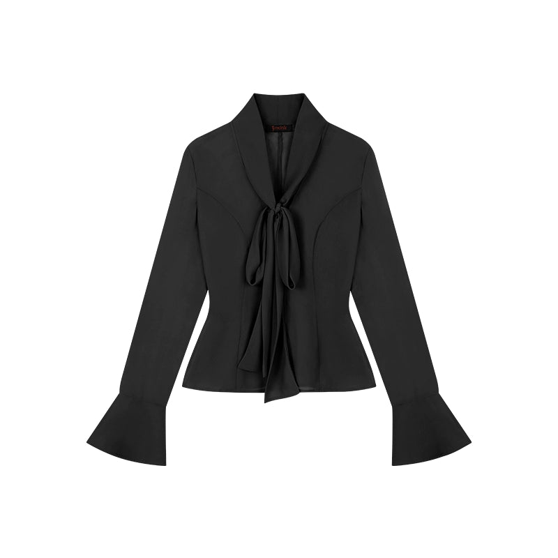 野生zerocircle 黑色薄款雪纺衬衫女春秋季辣妹修身喇叭袖v领上衣