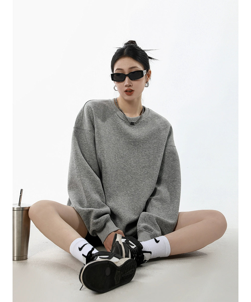 ICH MODE 美式圆领灰色卫衣女秋冬新款宽松慵懒纯色套头外套上衣