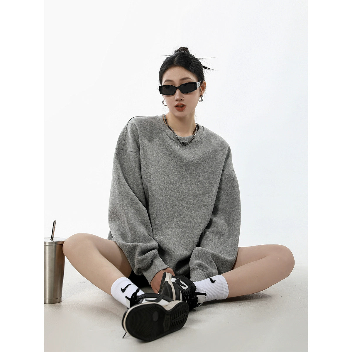 ICH MODE 美式圆领灰色卫衣女秋冬新款宽松慵懒纯色套头外套上衣