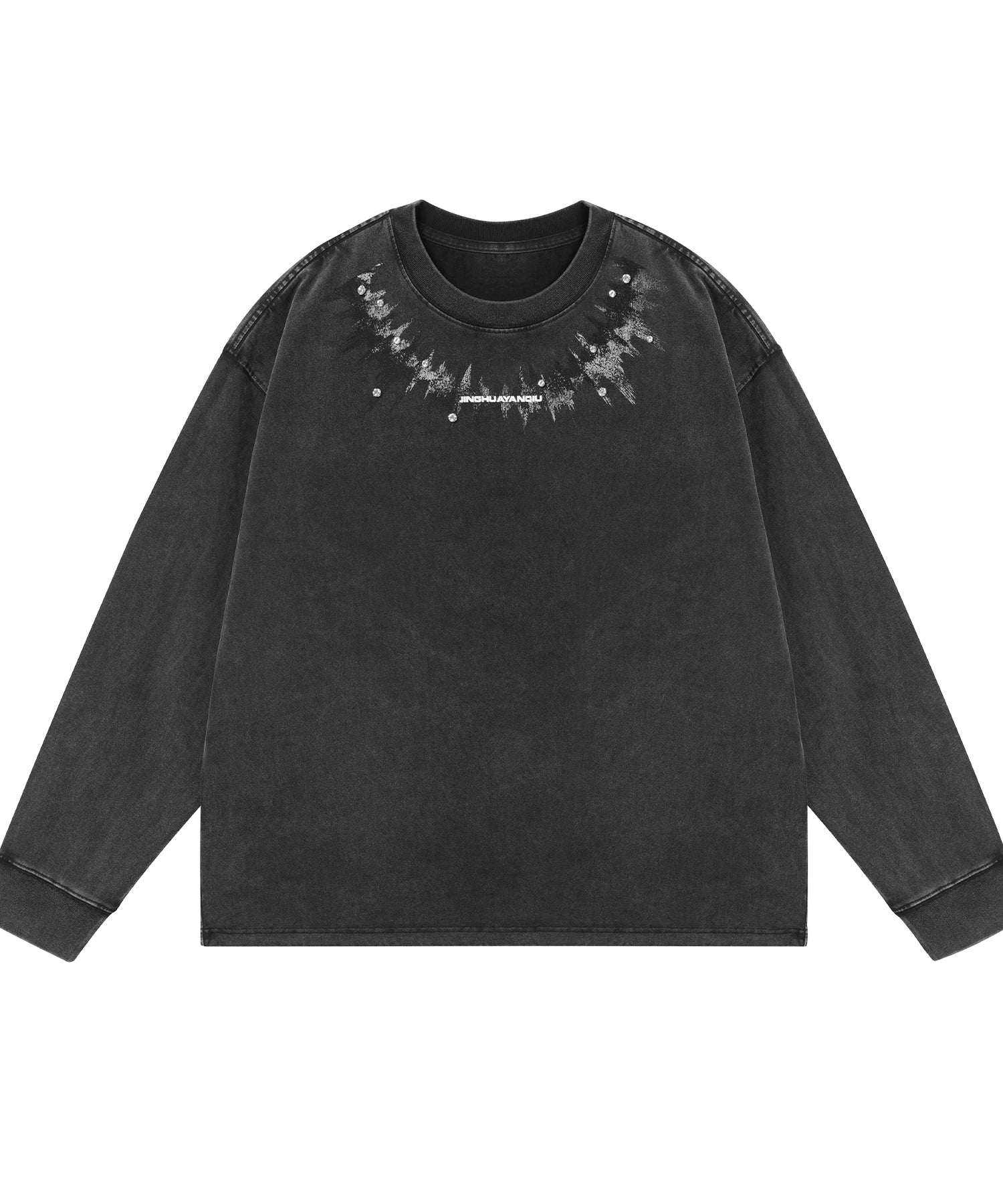 脉冲波丨JHYQ美式复古印花水洗重磅320g长袖T恤男宽松镶钻卫衣衫