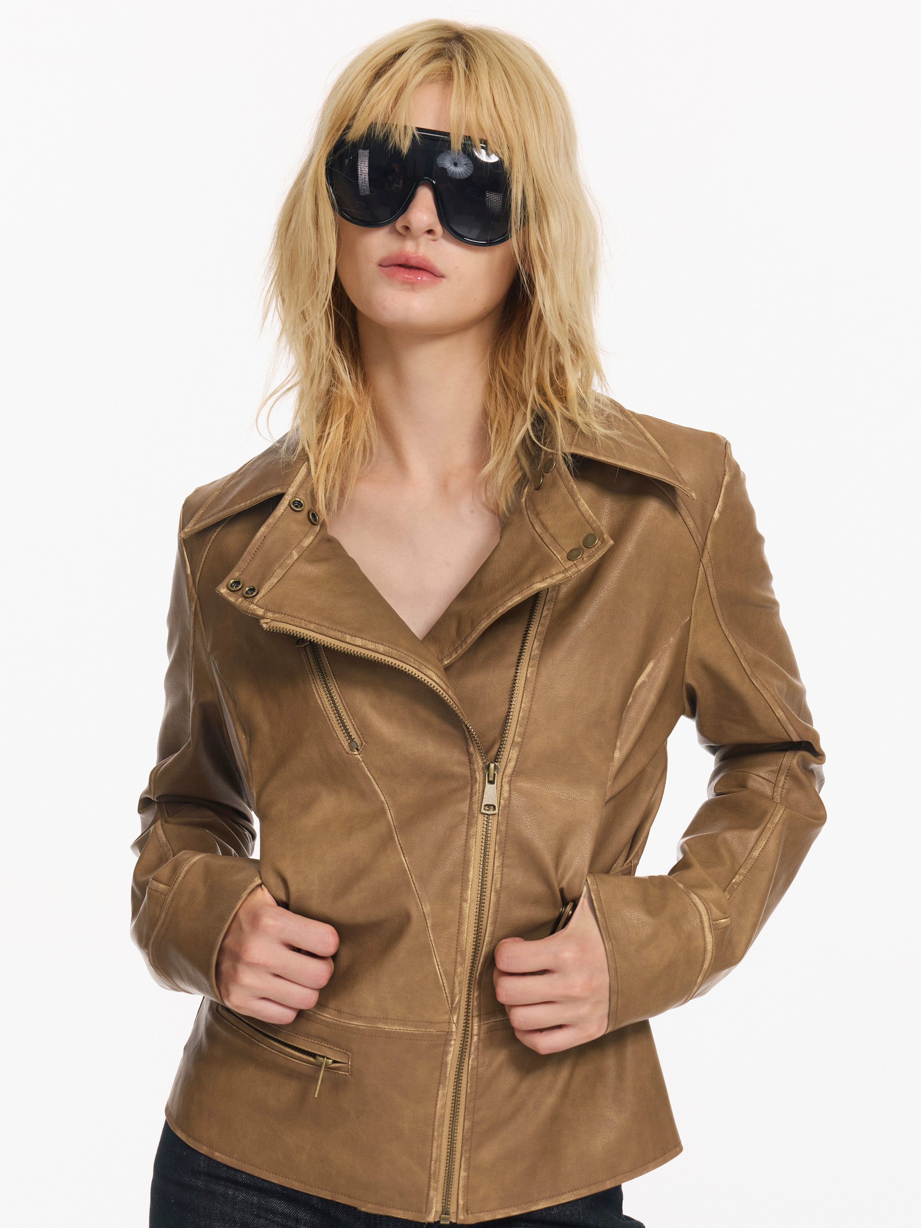 2th Desire美式复古辣妹修身机车服设计感朋克短款皮夹克外套上衣