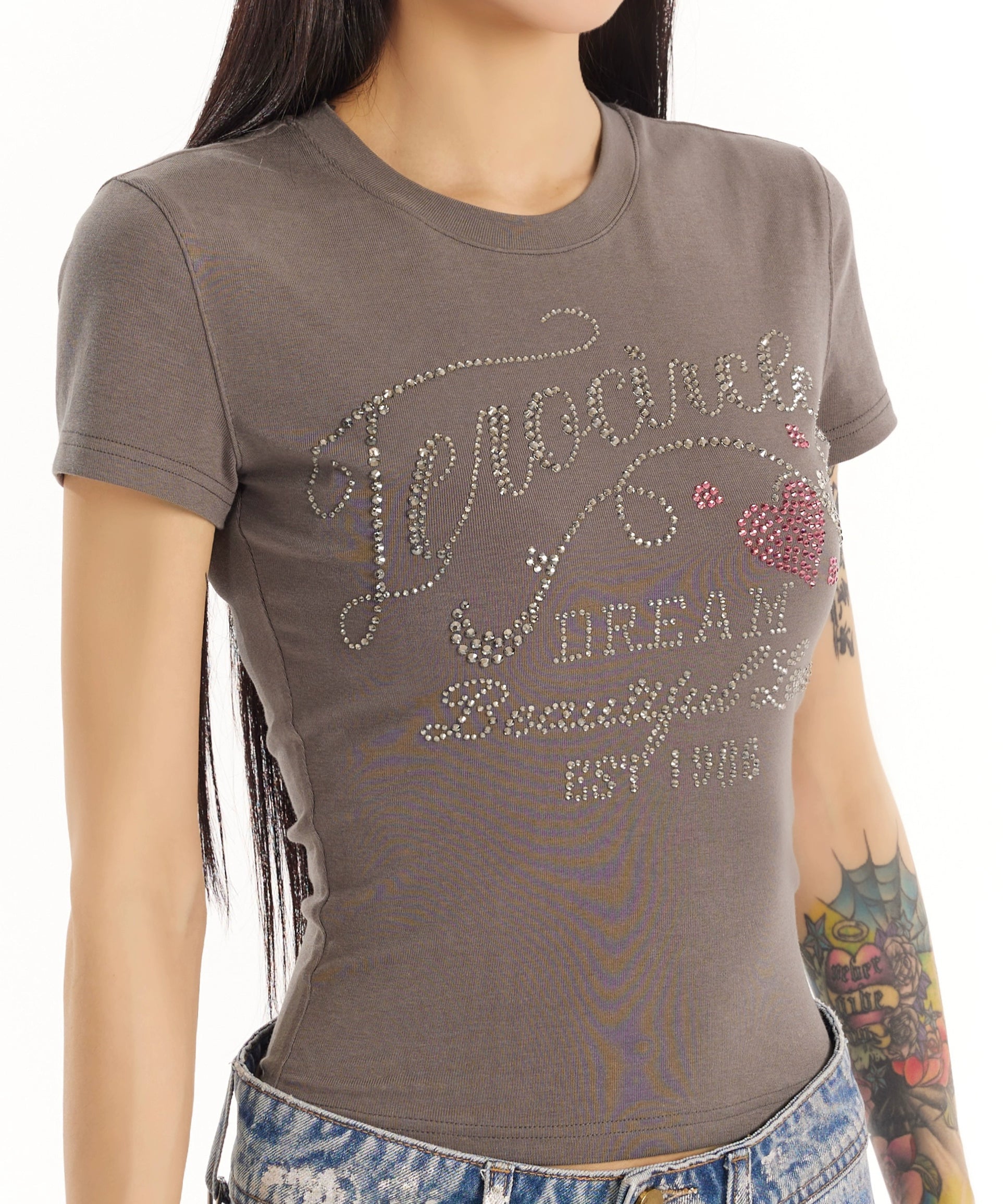 野生zero 白黑灰色正肩烫钻短袖t恤女夏季辣妹设计感修身显瘦上衣