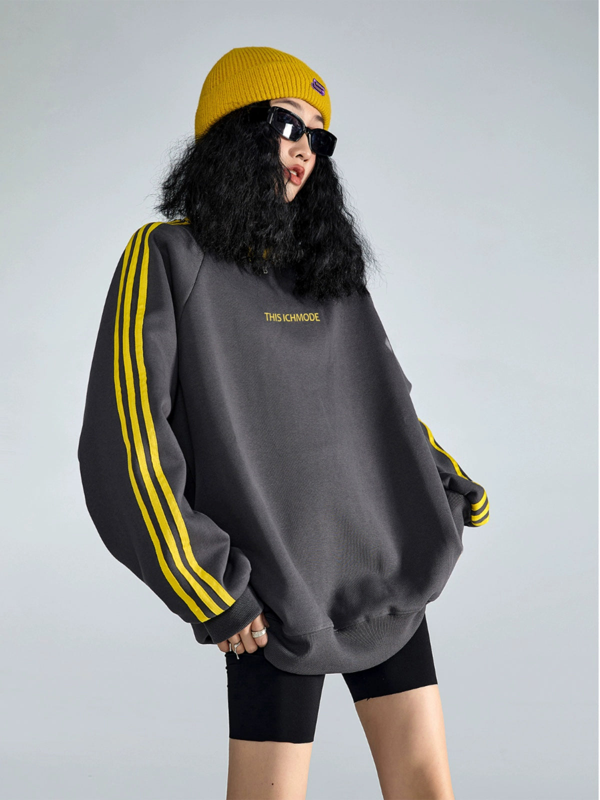 ICH MODE 美式复古条纹圆领卫衣女秋宽松运动上衣外套2025新款