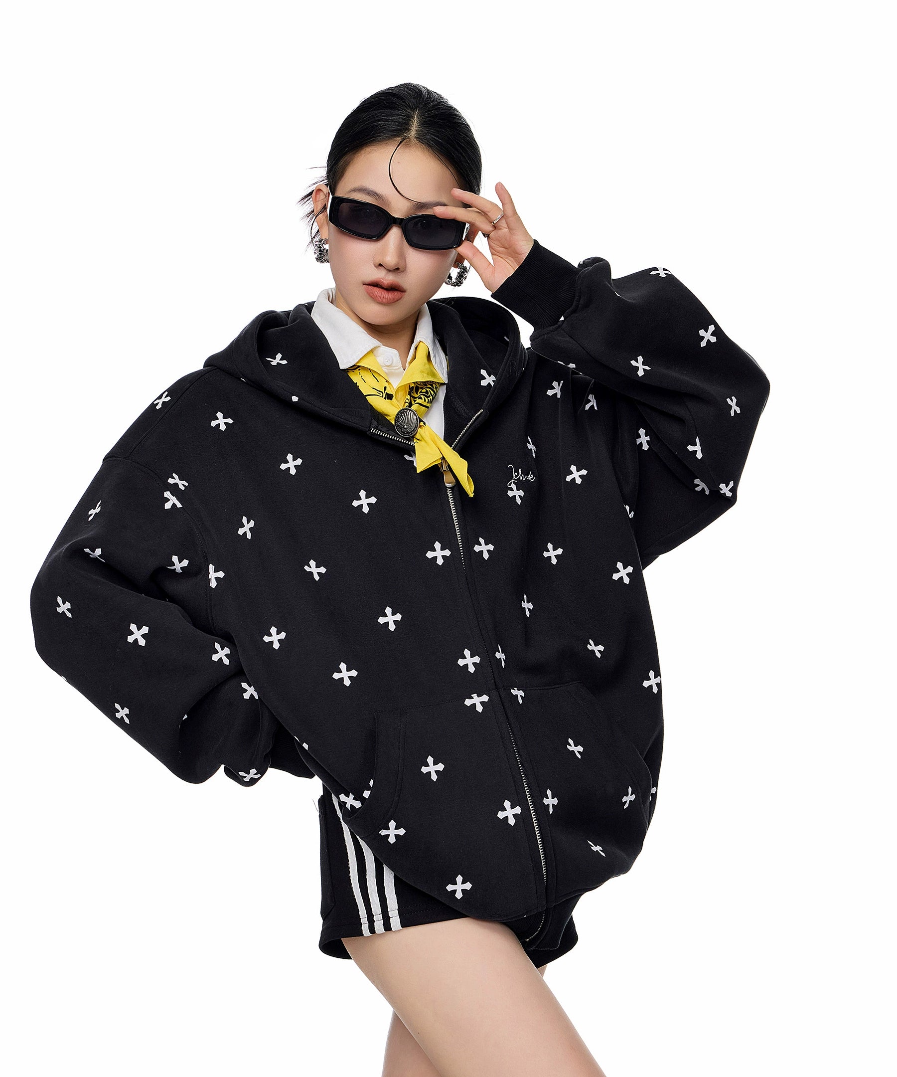 ICH MODE 美式复古满印十字架连帽卫衣外套女秋冬季拉链上衣开衫