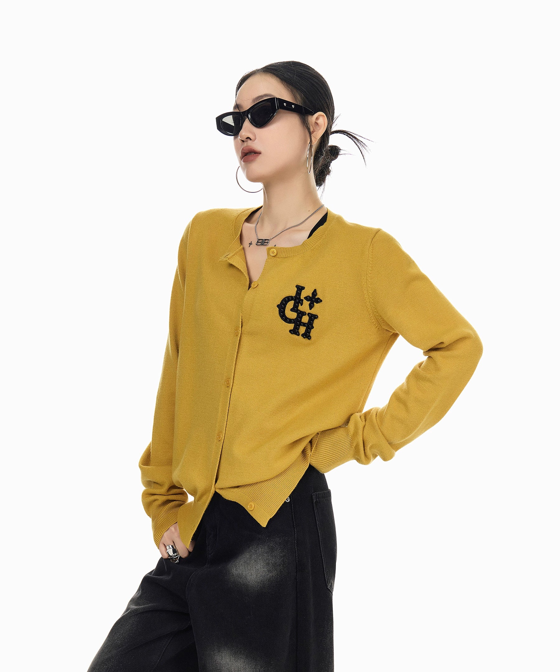 ICH MODE 美式复古珍珠针织开衫女秋冬季氛围感外搭休闲毛衣外套