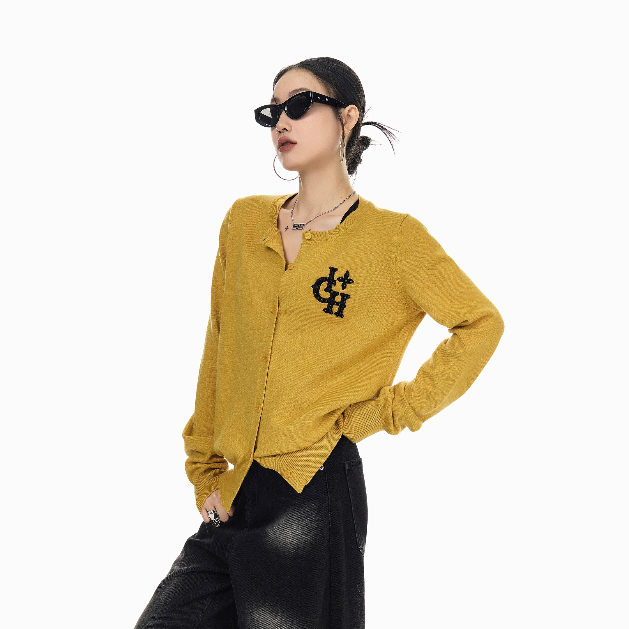 ICH MODE 美式复古珍珠针织开衫女秋冬季氛围感外搭休闲毛衣外套