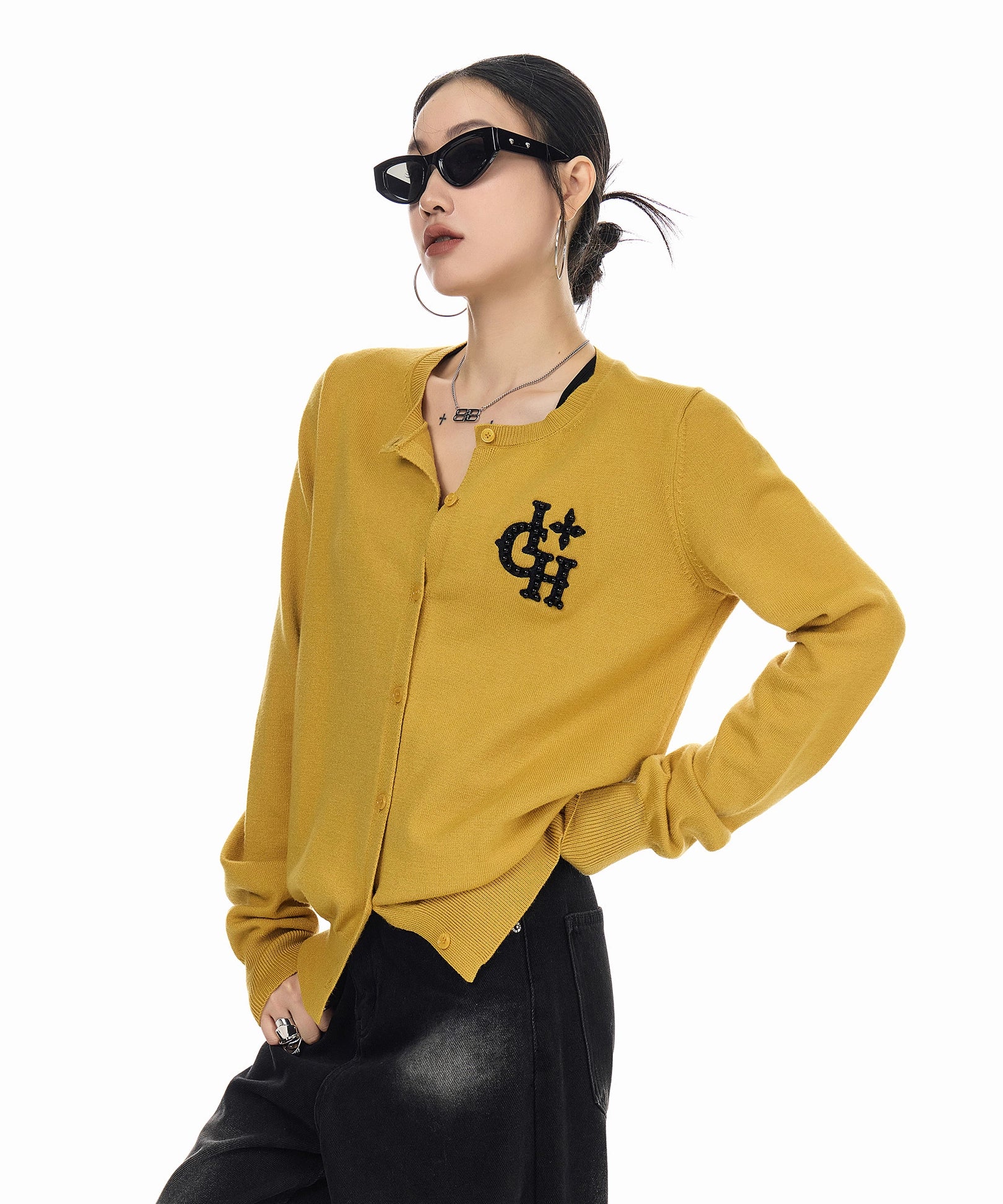 ICH MODE 美式复古珍珠针织开衫女秋冬季氛围感外搭休闲毛衣外套